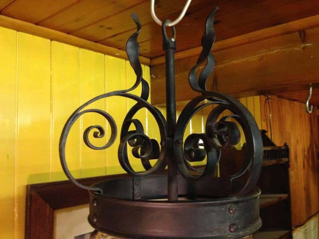 Arts and Crafts English Arts & Crafts Iron Lantern with Flaming Tendrils & Original Glass Liner For Sale