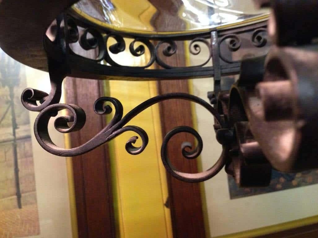 Hand-Crafted English Arts & Crafts Iron Lantern with Flaming Tendrils & Original Glass Liner For Sale