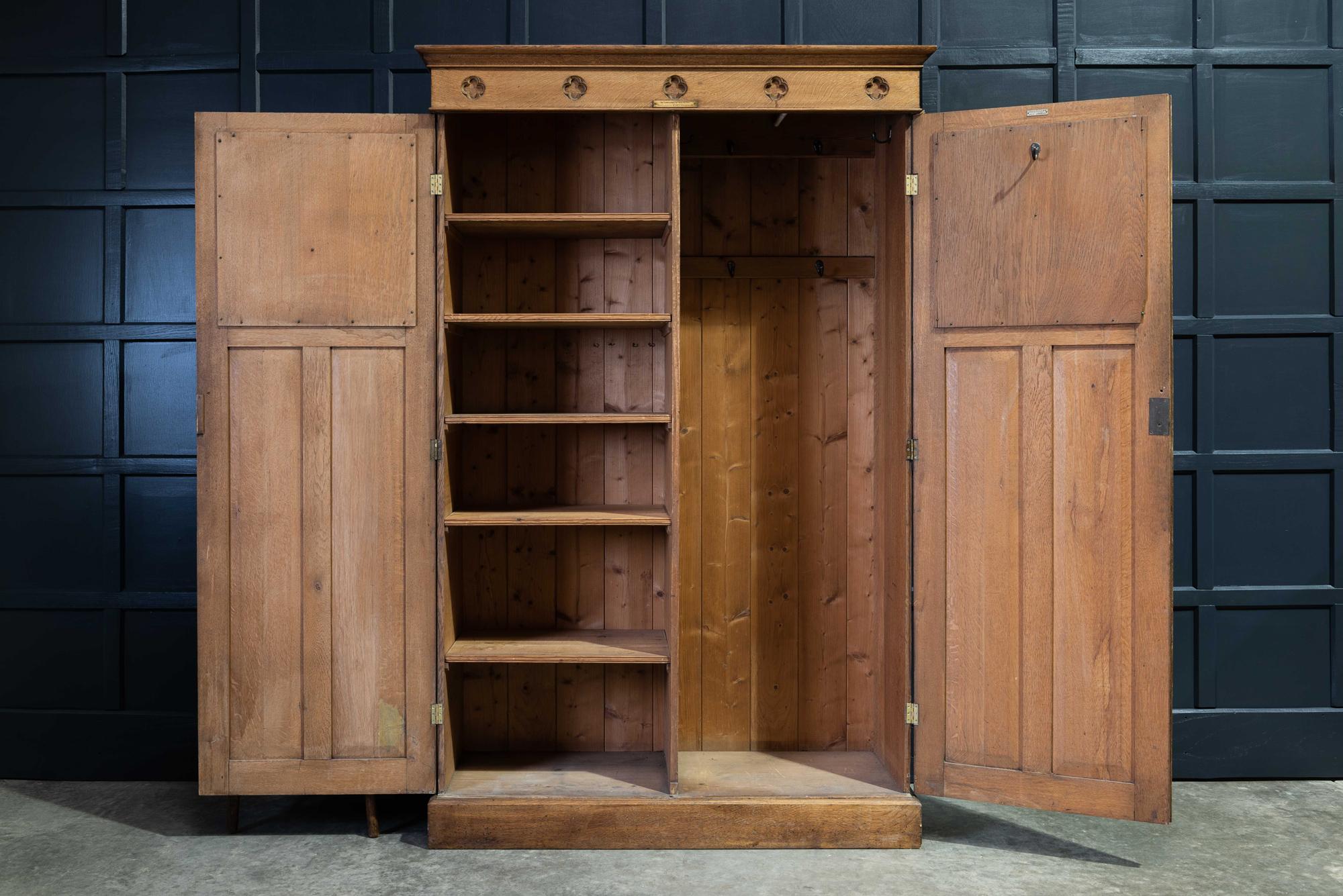 Arts & Crafts oak vestry cupboard,
circa 1915.

Oak Gothic Revival Arts & Crafts Vestry cupboard. Excellent quality and craftsmanship, lovely scale and narrow depth with lots of hanging hooks and a rail would make it ideal storage as a hall