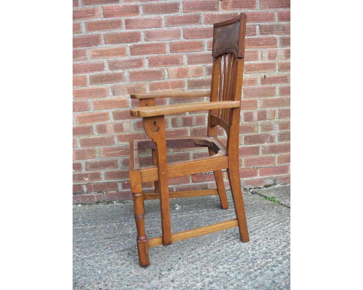 Arts and Crafts English Arts & Crafts Oak Dining Chair with Stylised Floral Cut-Outs to the Arms