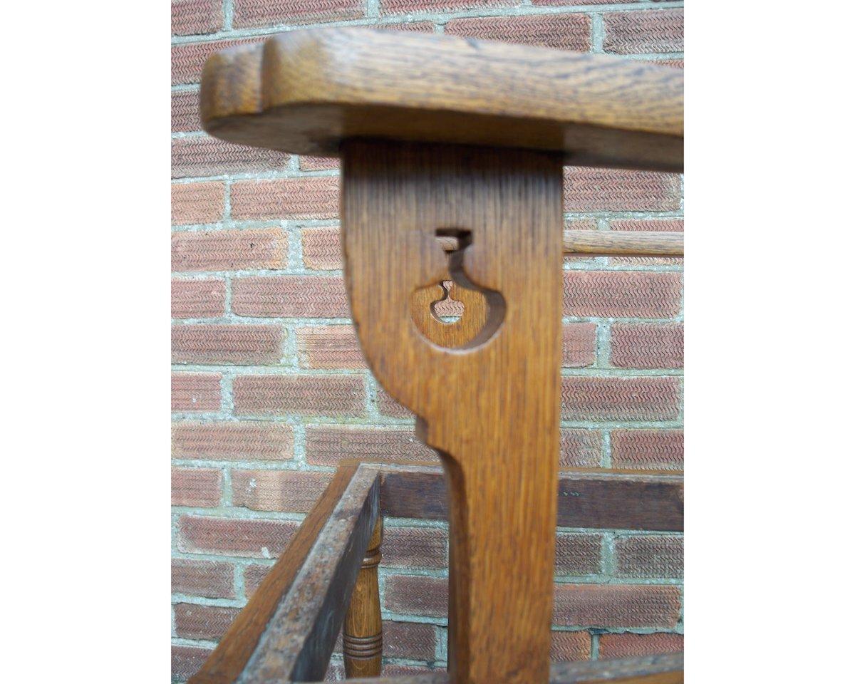 English Arts & Crafts Oak Dining Chair with Stylised Floral Cut-Outs to the Arms For Sale 2