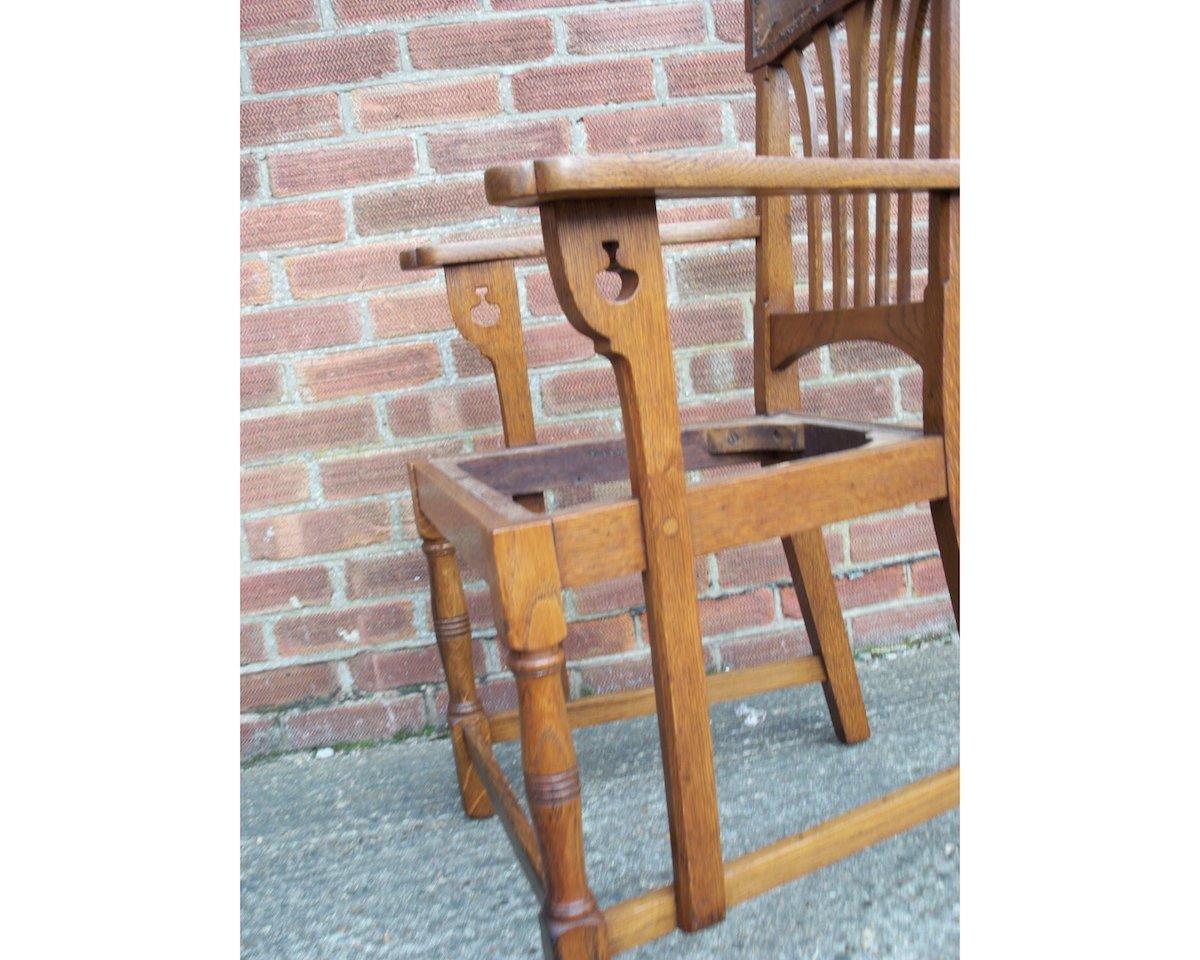 English Arts & Crafts Oak Dining Chair with Stylised Floral Cut-Outs to the Arms 3
