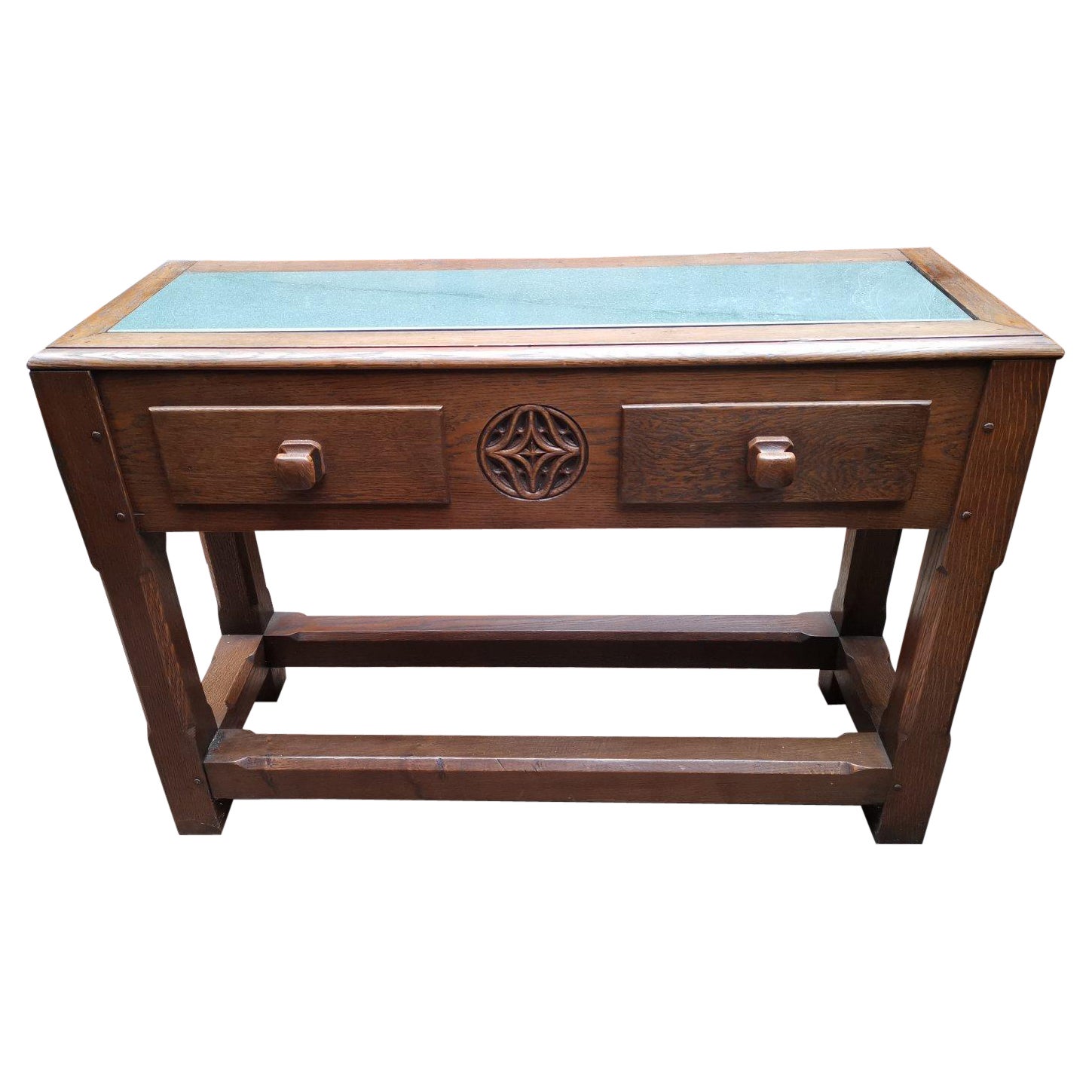English Arts & Crafts Oak Hall Table with Carved Decoration & Blue Marble Top
