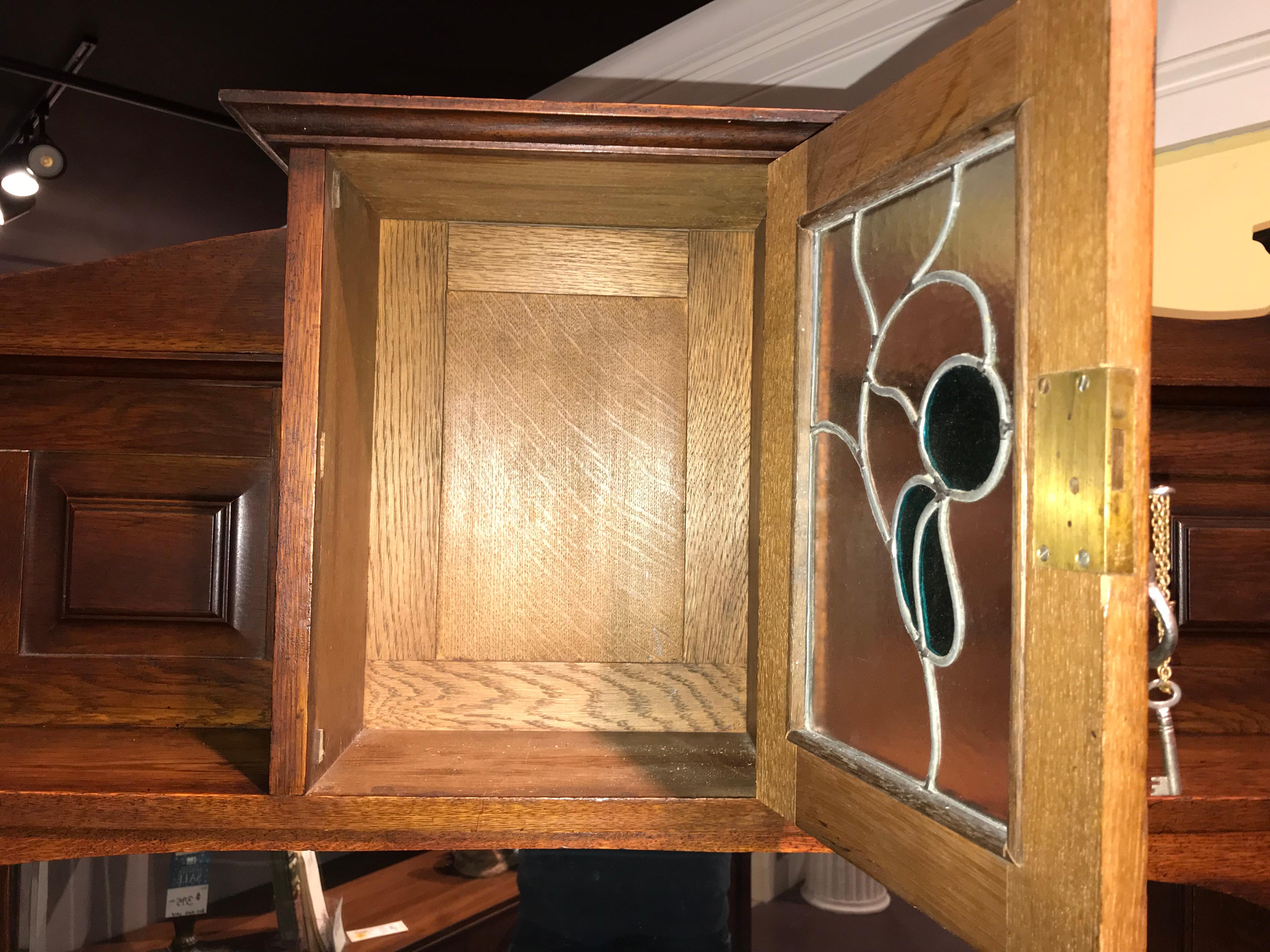 English Arts & Crafts Oak Sideboard with Stained Glass and Carved Decoration 3