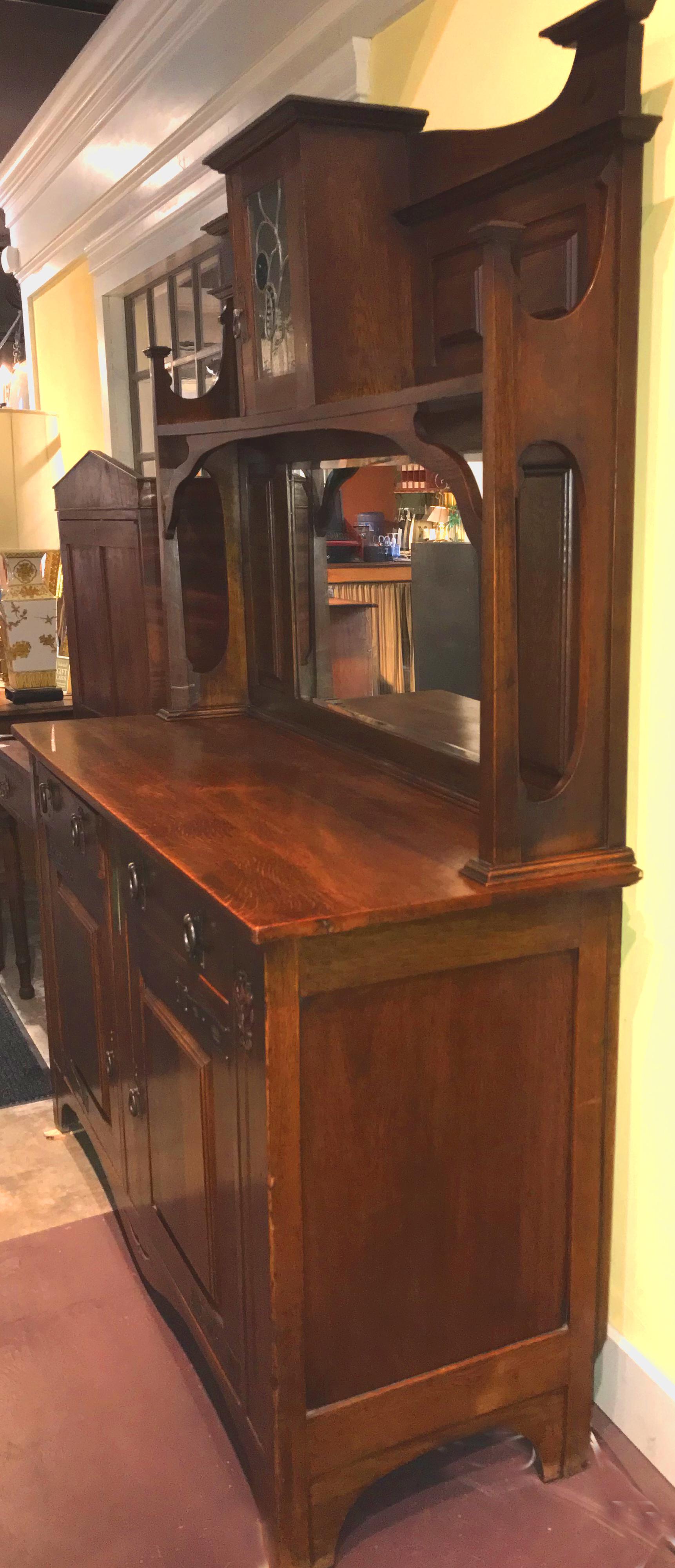 Hand-Carved English Arts & Crafts Oak Sideboard with Stained Glass and Carved Decoration