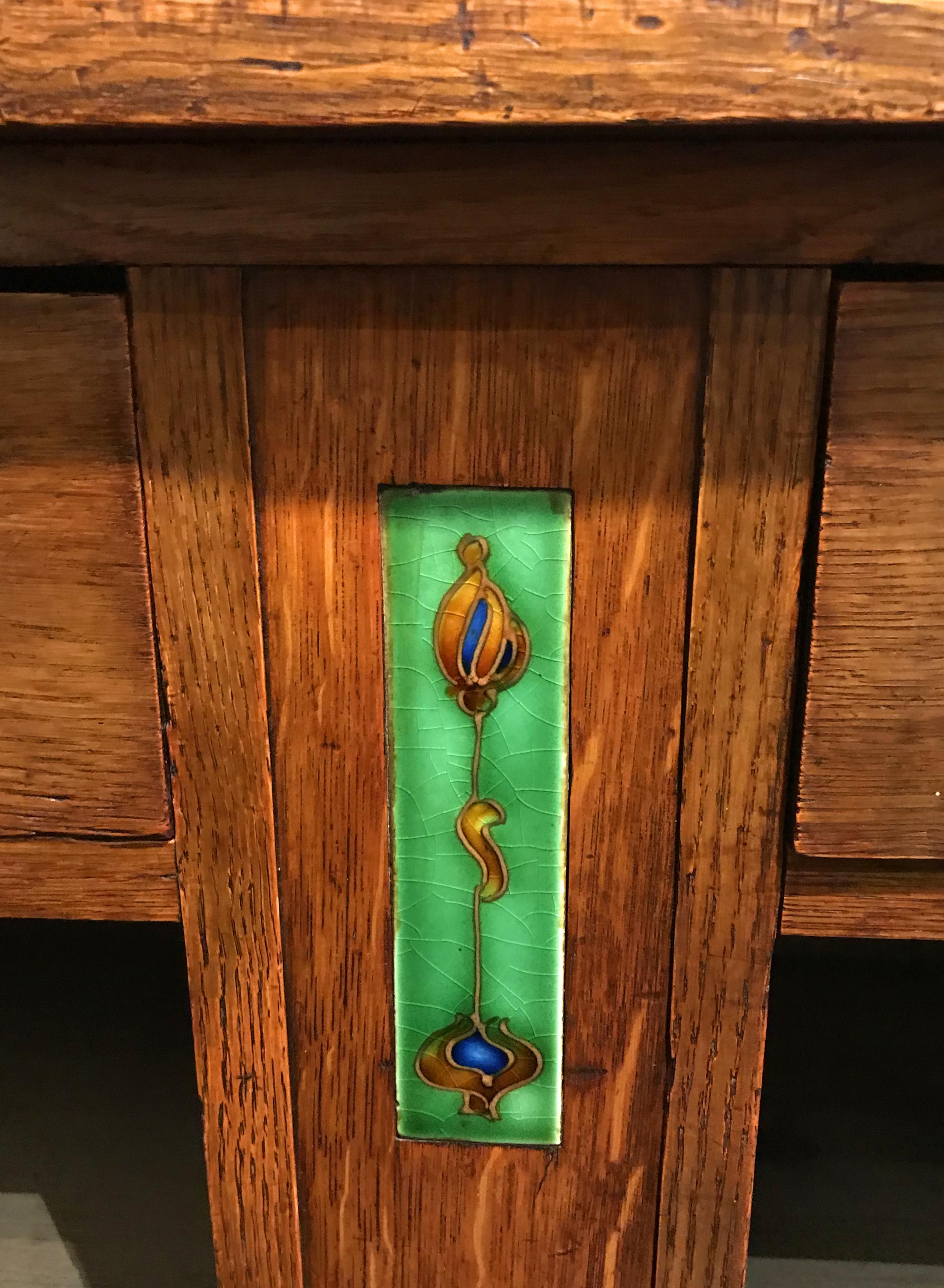 19th Century English Arts & Crafts Oak Sideboard with Stained Glass and Carved Decoration