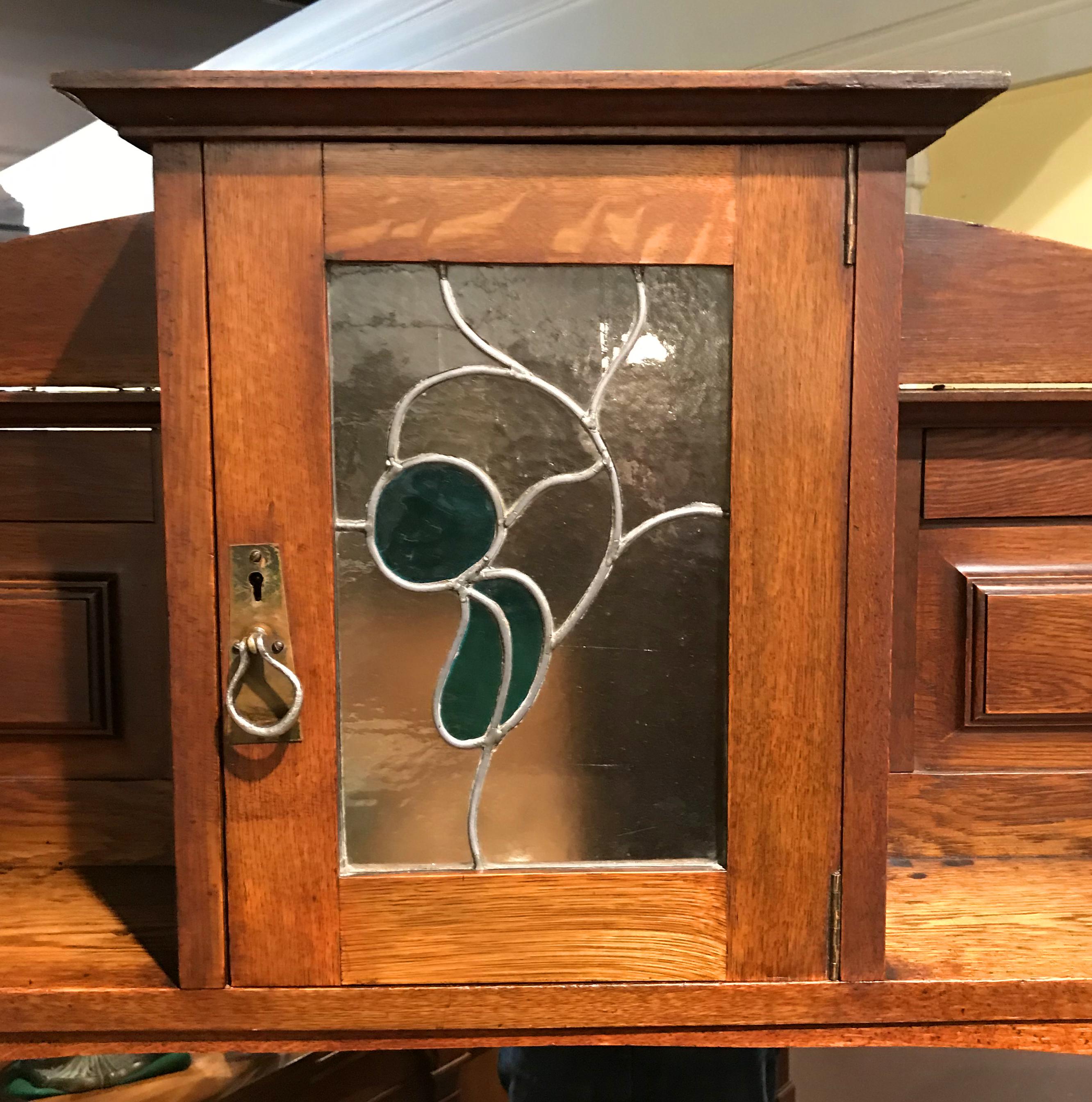 English Arts & Crafts Oak Sideboard with Stained Glass and Carved Decoration 2