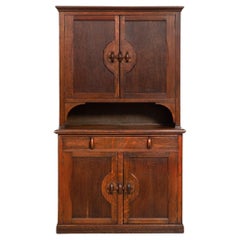 Vintage English Arts & Crafts Oak Two-Part Step Back Cupboard Cabinet c. 1920