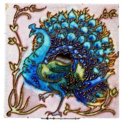 Antique English Arts & Crafts Peacock Tile in the Manner of William De Morgan