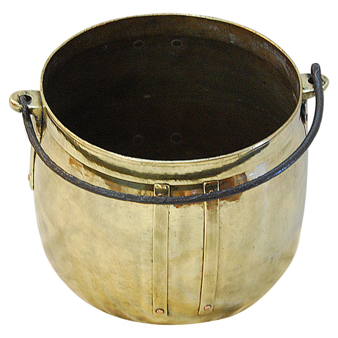 English Arts & Crafts Period Brass Cauldron with Iron Swing Handle