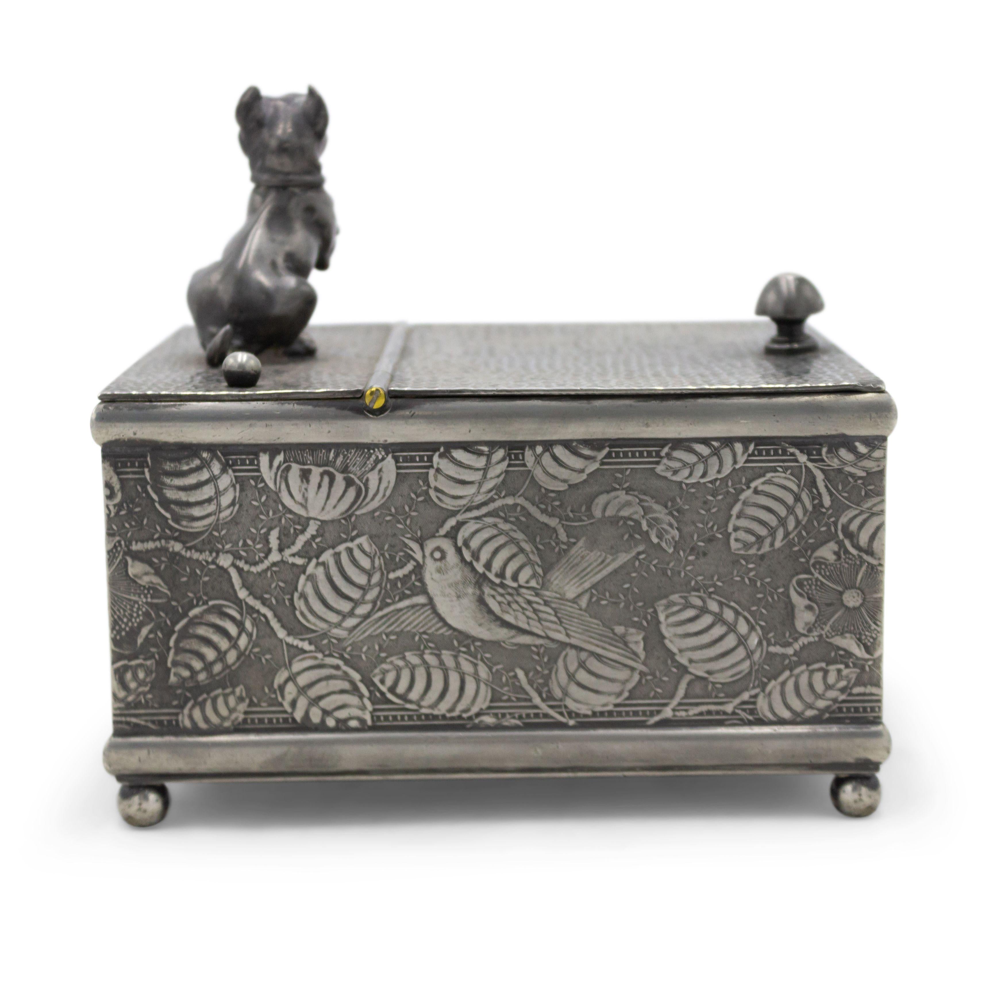 Arts and Crafts English Arts & Crafts Pewter Box with Dog Figure For Sale