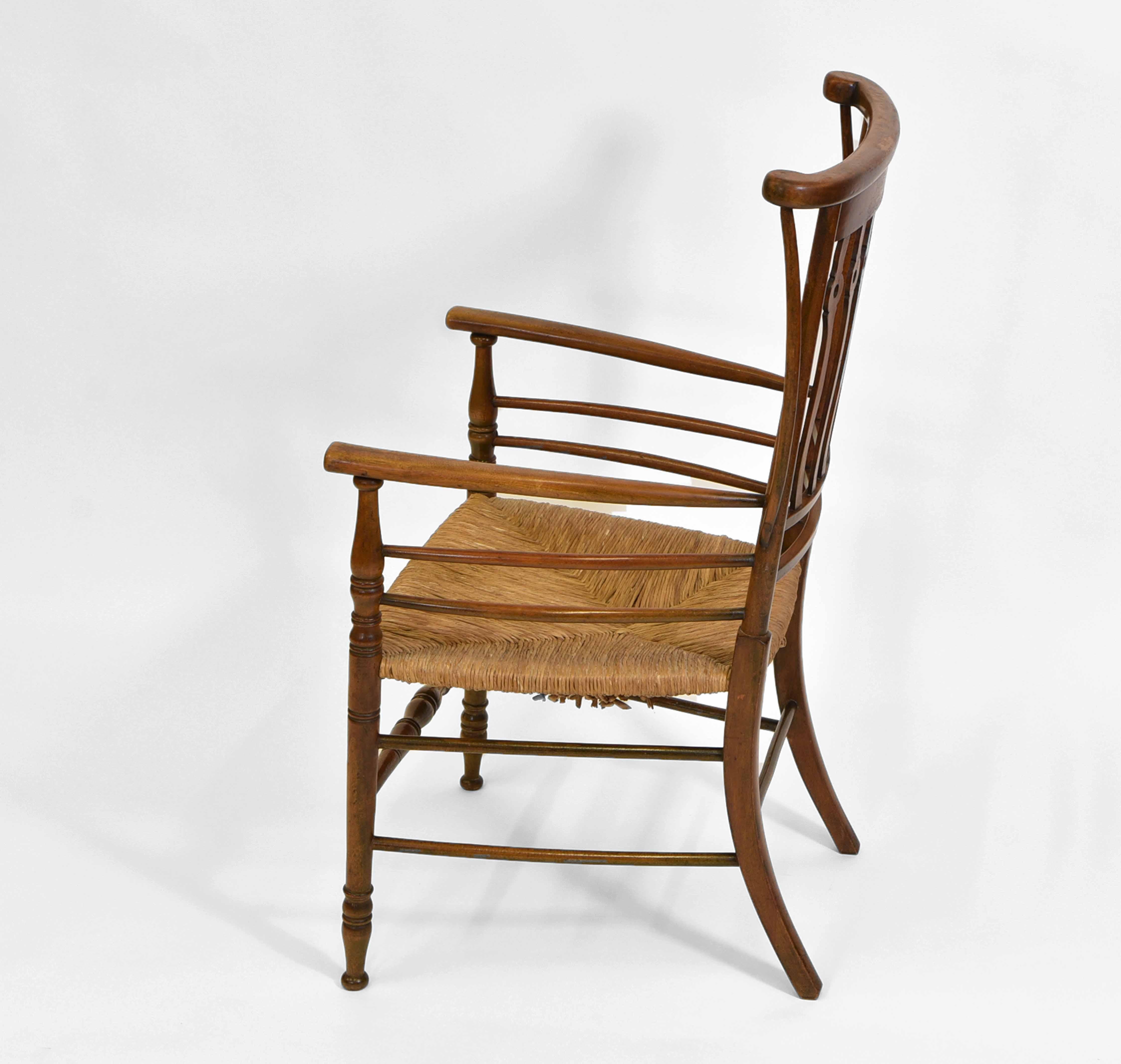 British English Arts & Crafts “Quaint” Rush Seated Armchair For Sale