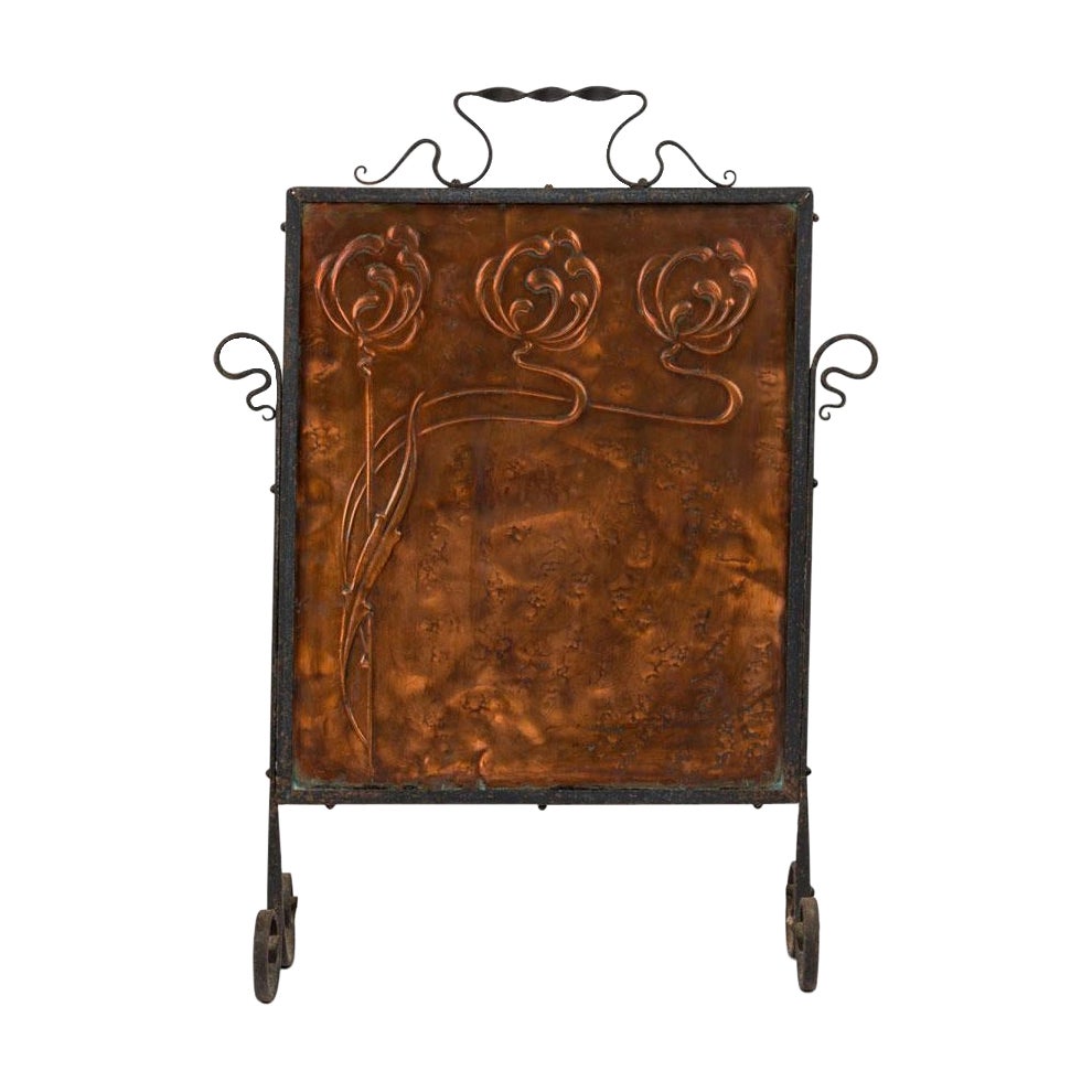 English Arts
Crafts Style Wrought Iron and Pressed Copper Fire Screen