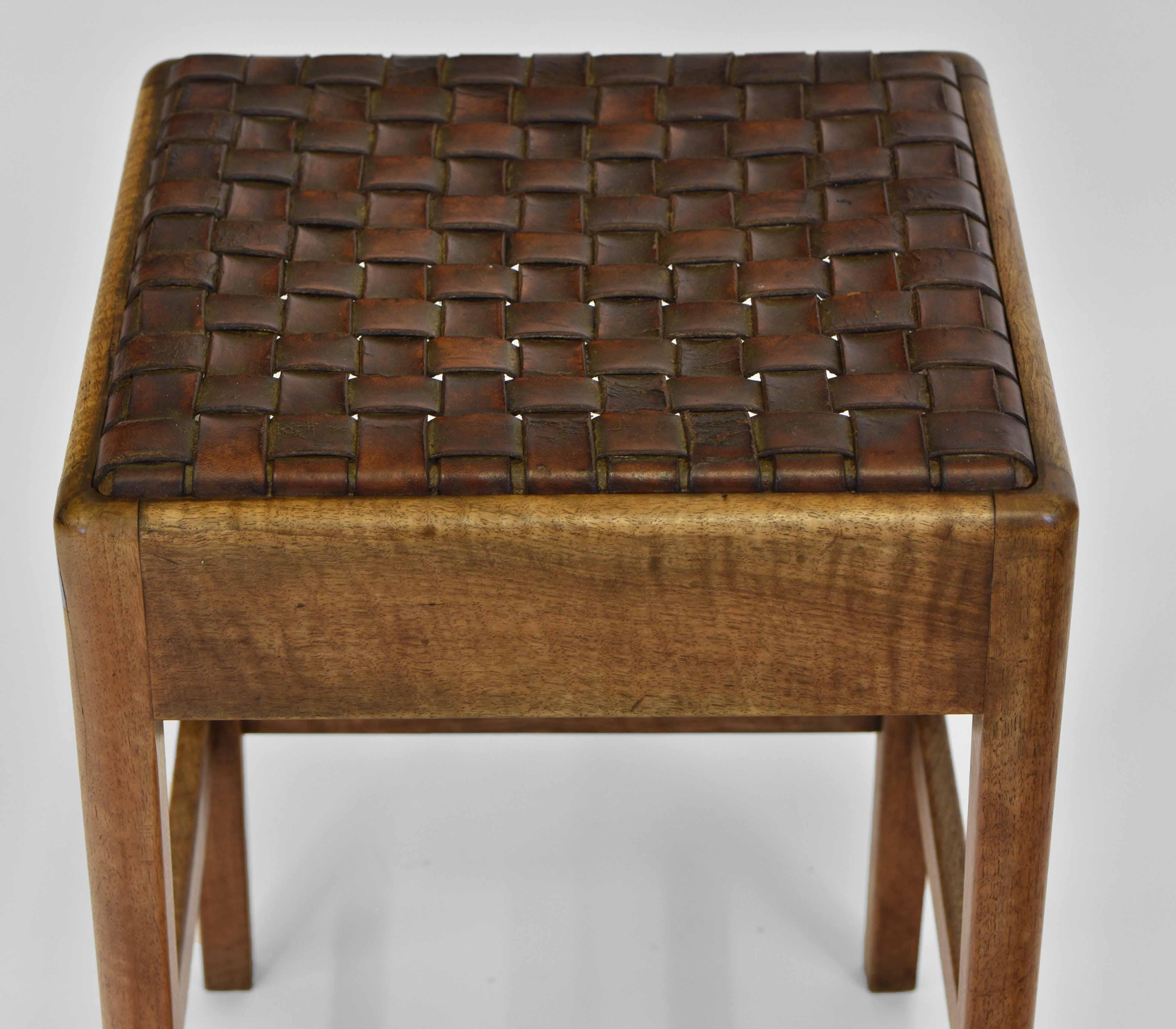 Hand-Crafted English Arts & Crafts Walnut and Leather Stool For Sale