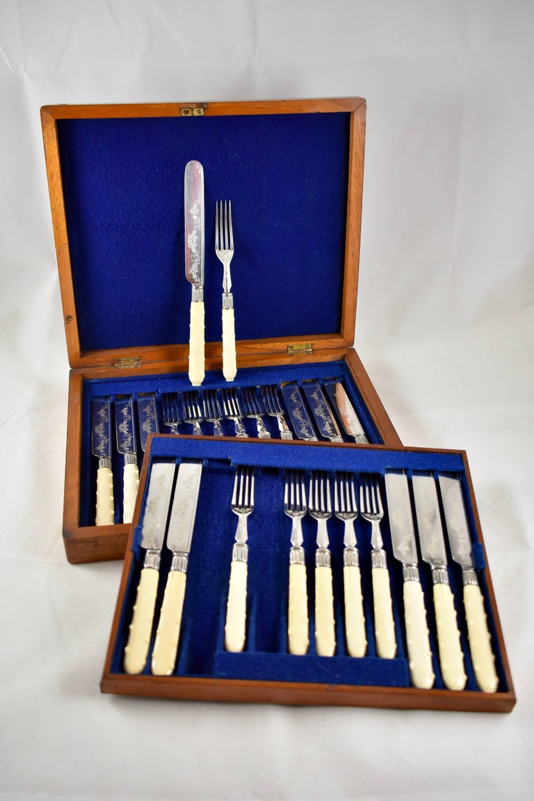 Silver Plate English Bakelite and Engraved Silver Dessert Flatware Cased Set, Service for 12