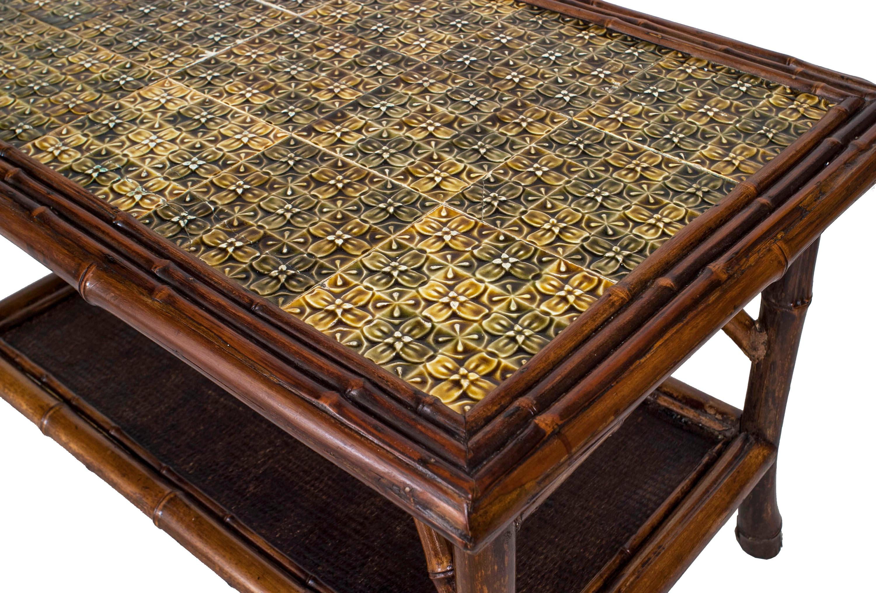 British English Bamboo and Green Tile Rectangular Coffee Table For Sale