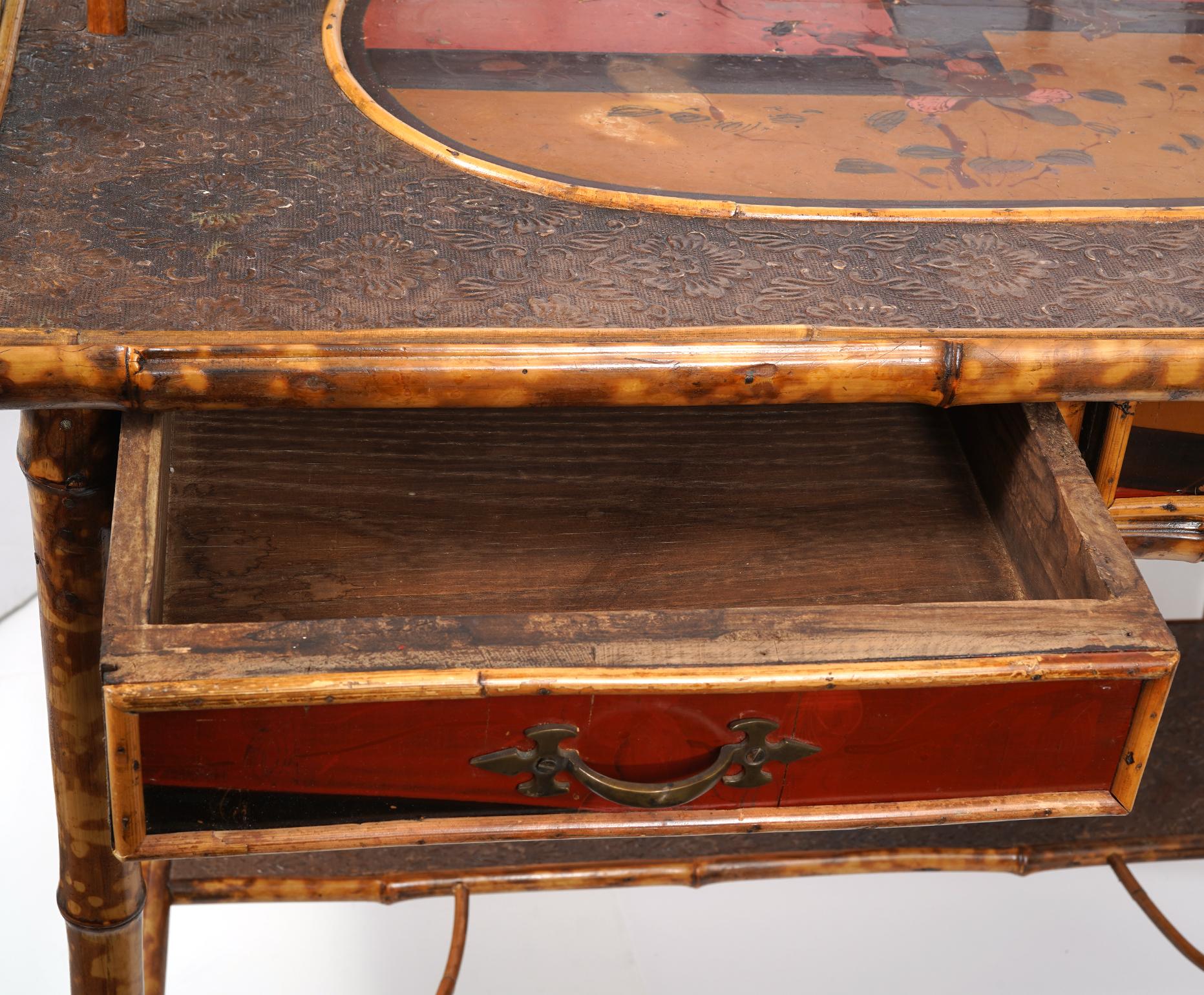 English Bamboo and Lacquer Two Tier Japanned Writing Desk, Early 20th C. 3