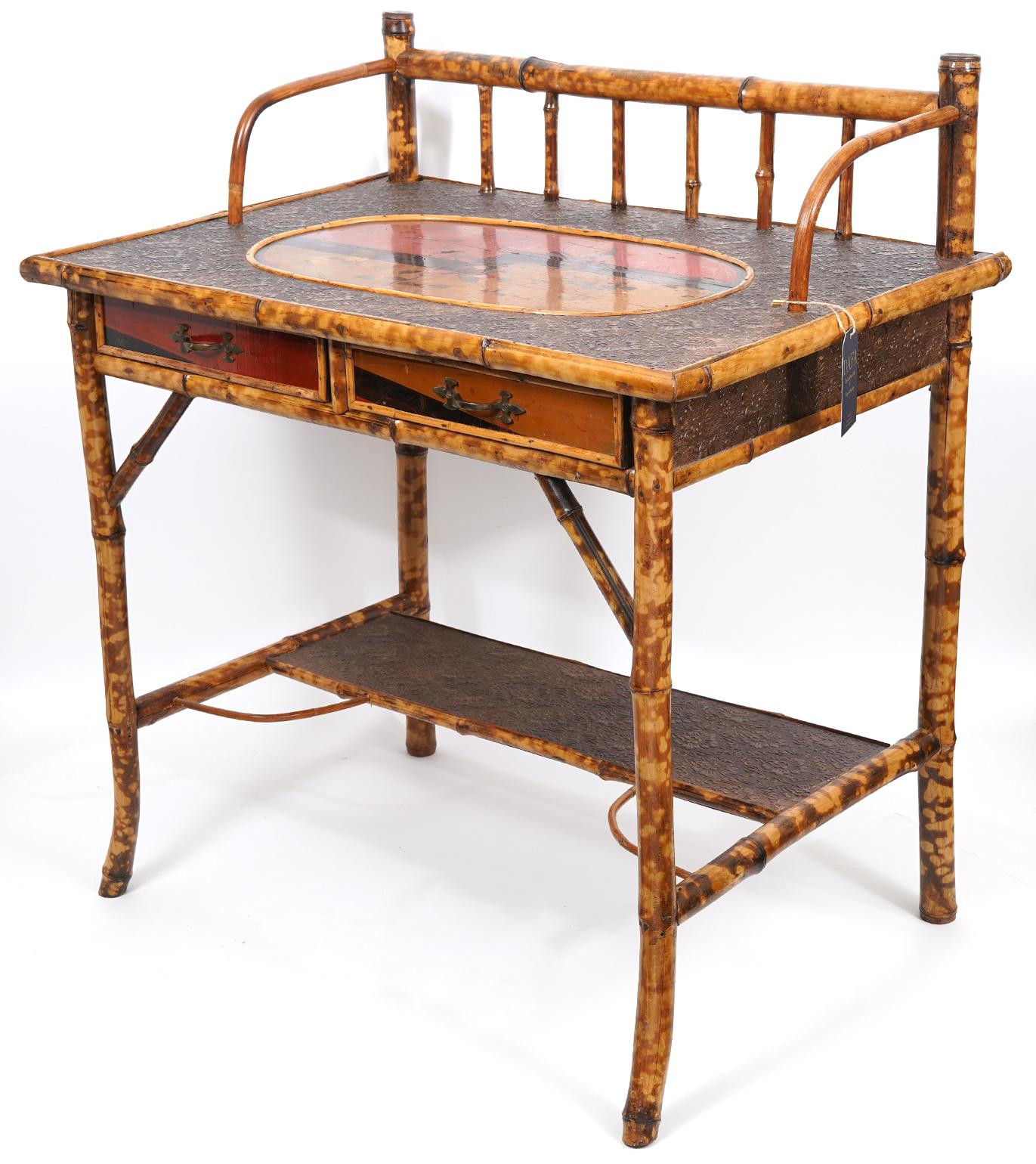 Chinoiserie English Bamboo and Lacquer Two Tier Japanned Writing Desk, Early 20th C.