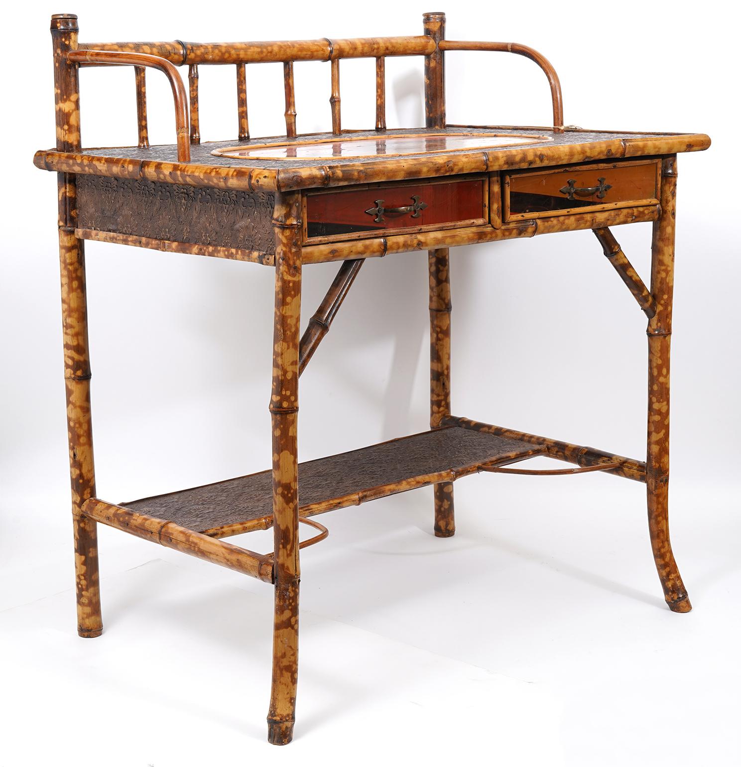 20th Century English Bamboo and Lacquer Two Tier Japanned Writing Desk, Early 20th C.
