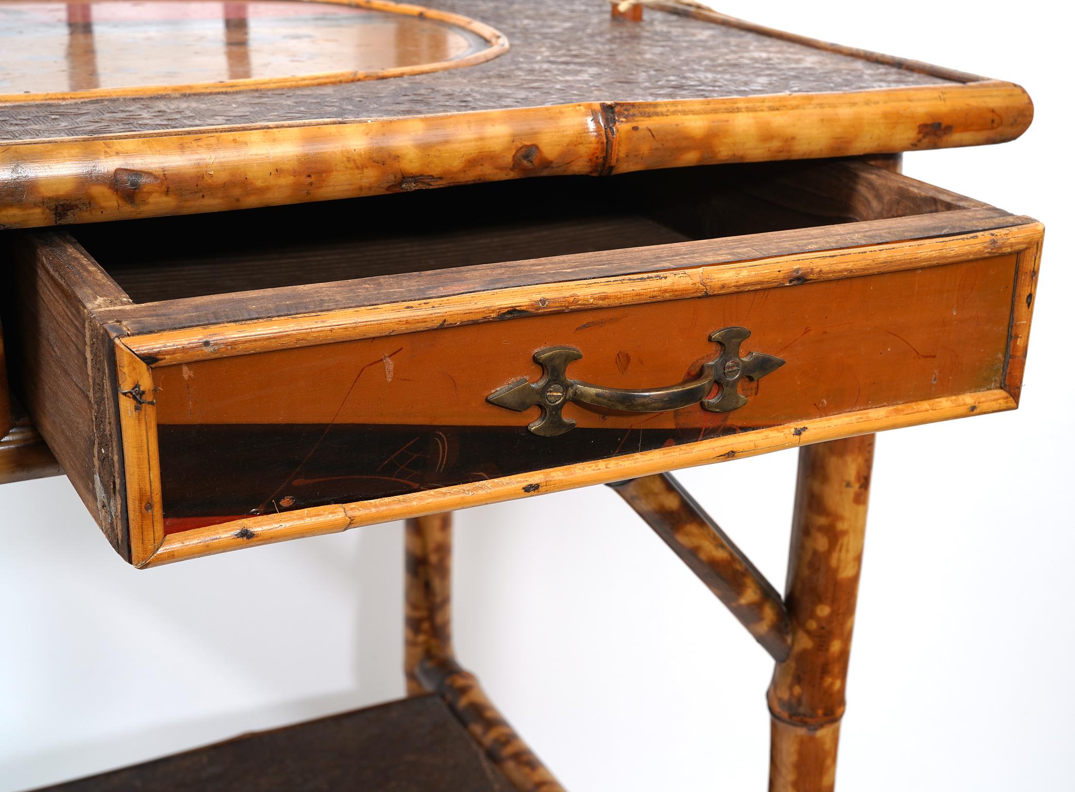 English Bamboo and Lacquer Two Tier Japanned Writing Desk, Early 20th C. 2