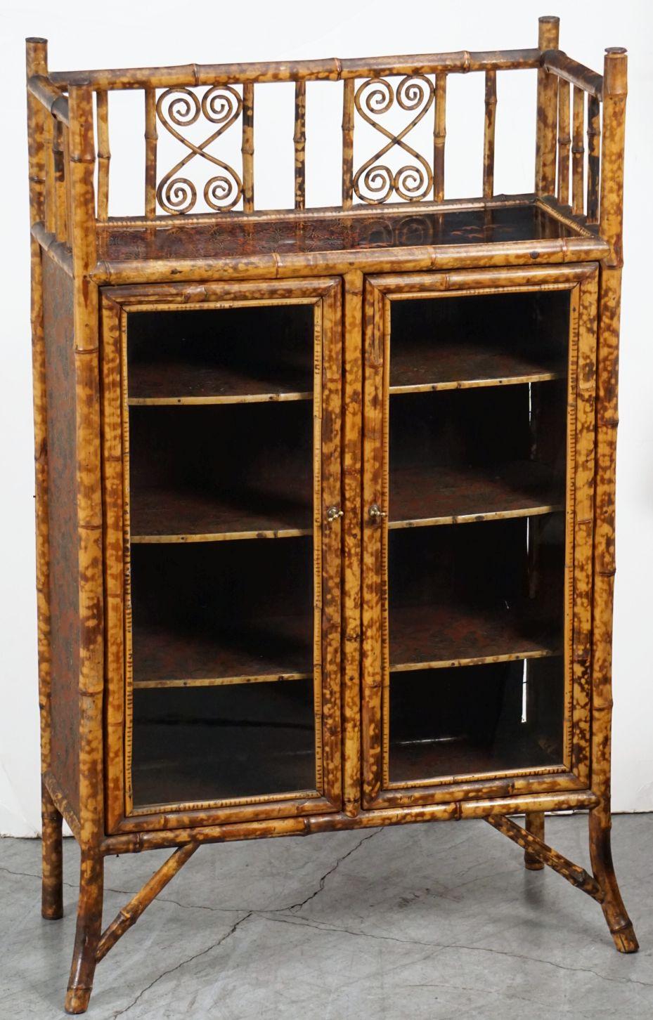 English Bamboo Bookcase Cabinet with Gallery Top and Two Glazed Doors For Sale 8