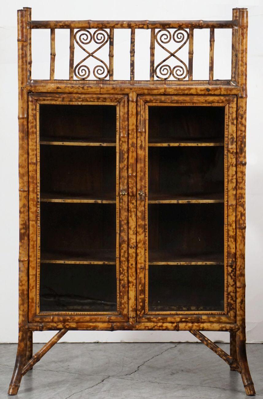 Aesthetic Movement English Bamboo Bookcase Cabinet with Gallery Top and Two Glazed Doors For Sale