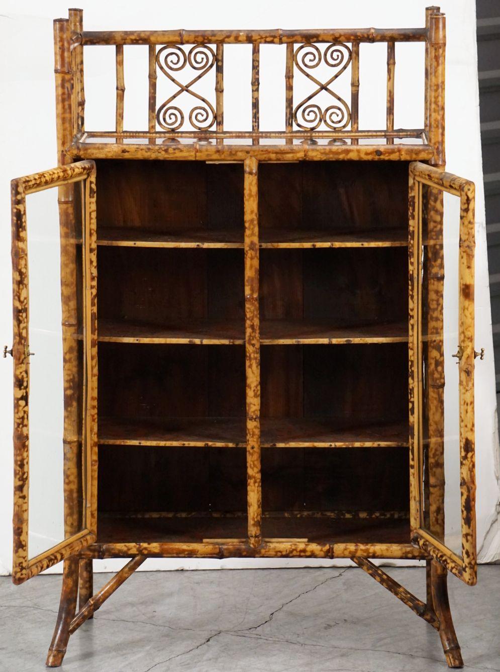 Lacquered English Bamboo Bookcase Cabinet with Gallery Top and Two Glazed Doors For Sale