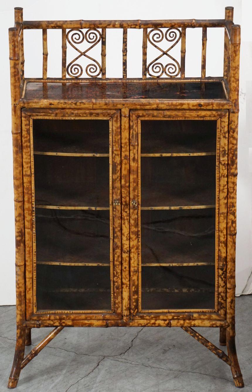 English Bamboo Bookcase Cabinet with Gallery Top and Two Glazed Doors In Good Condition For Sale In Austin, TX