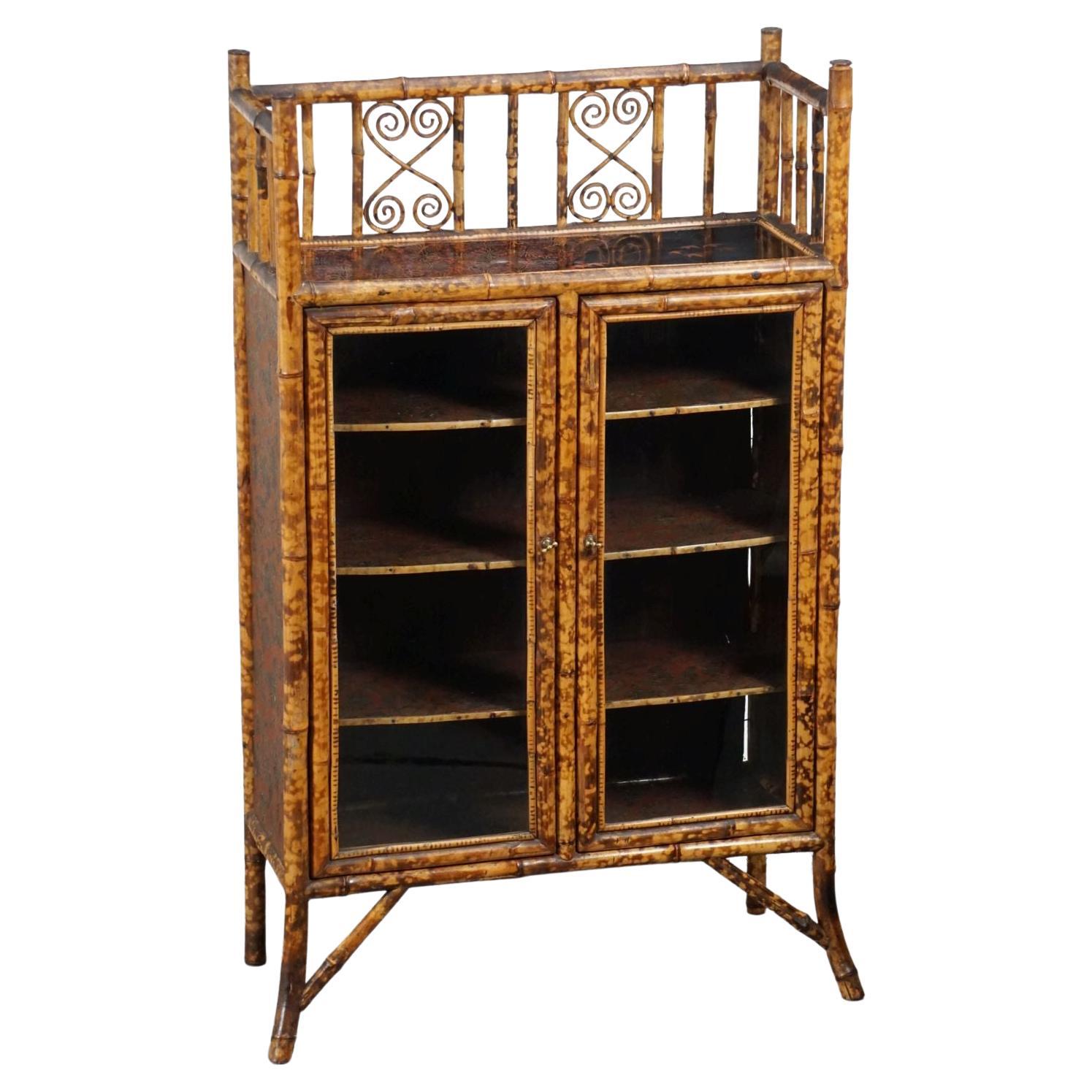 English Bamboo Bookcase Cabinet with Gallery Top and Two Glazed Doors For Sale