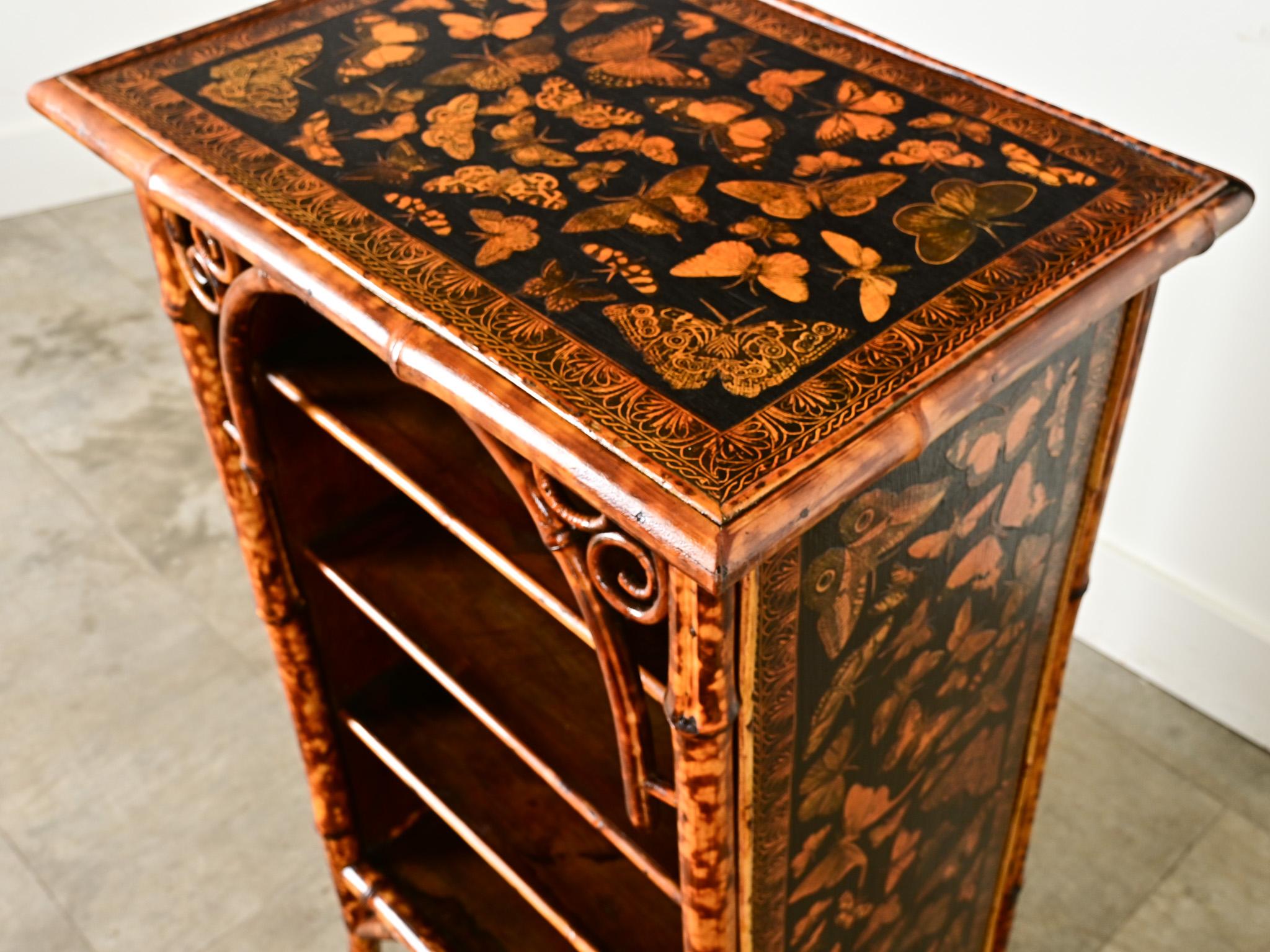 19th Century English Bamboo Bookshelf with Butterfly Decoupage