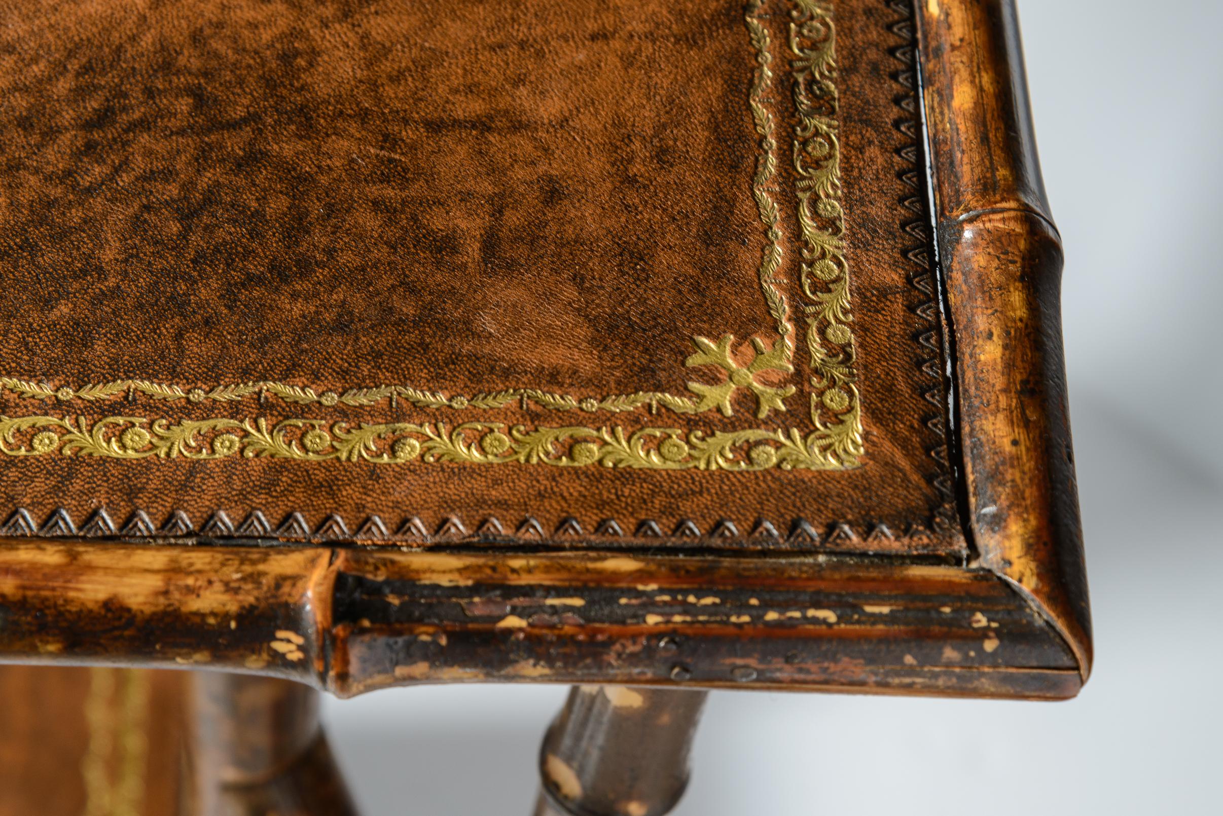English Bamboo Embossed  Tooled Leather Top Side Table, 19th C. 4
