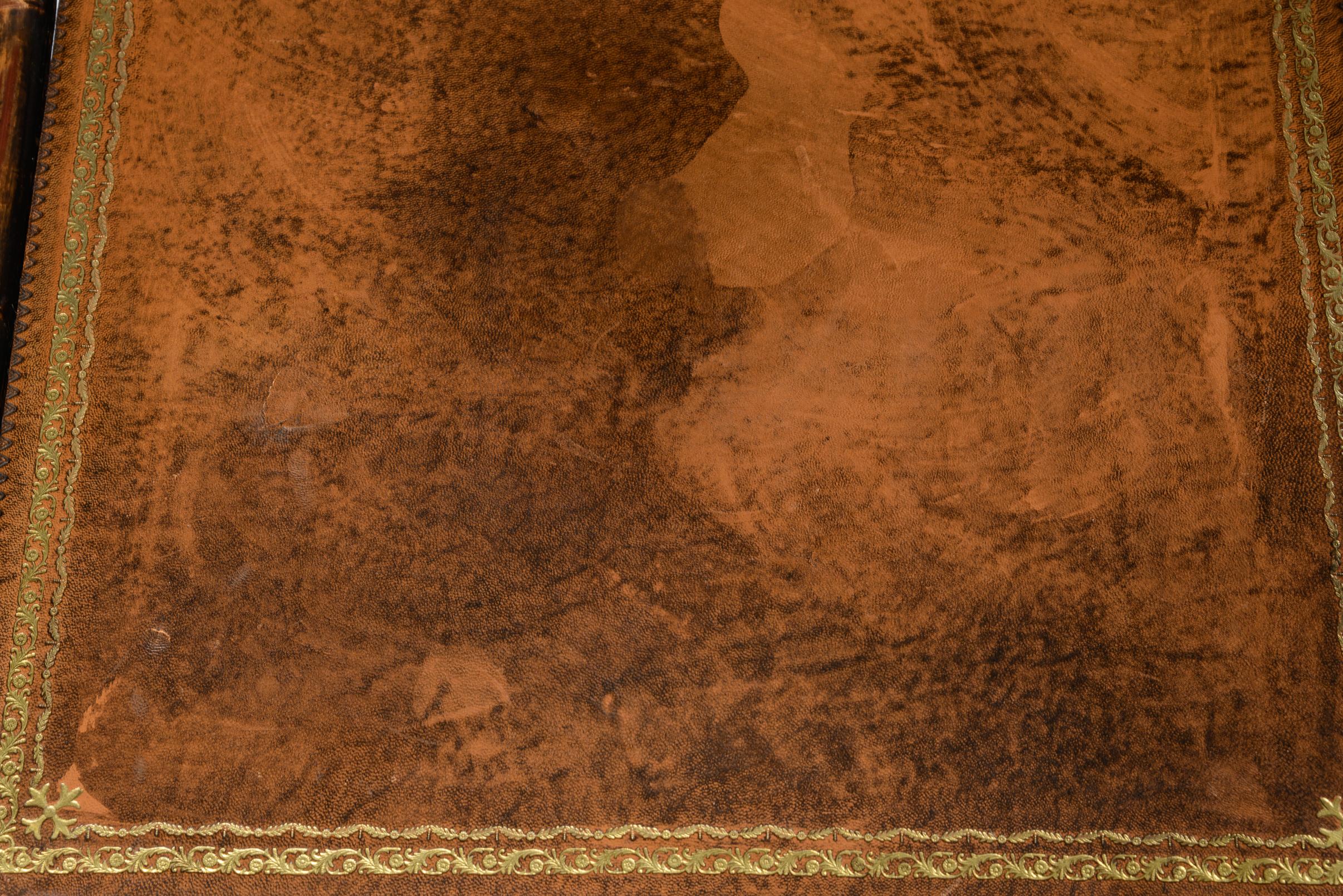 English Bamboo Embossed  Tooled Leather Top Side Table, 19th C. 5