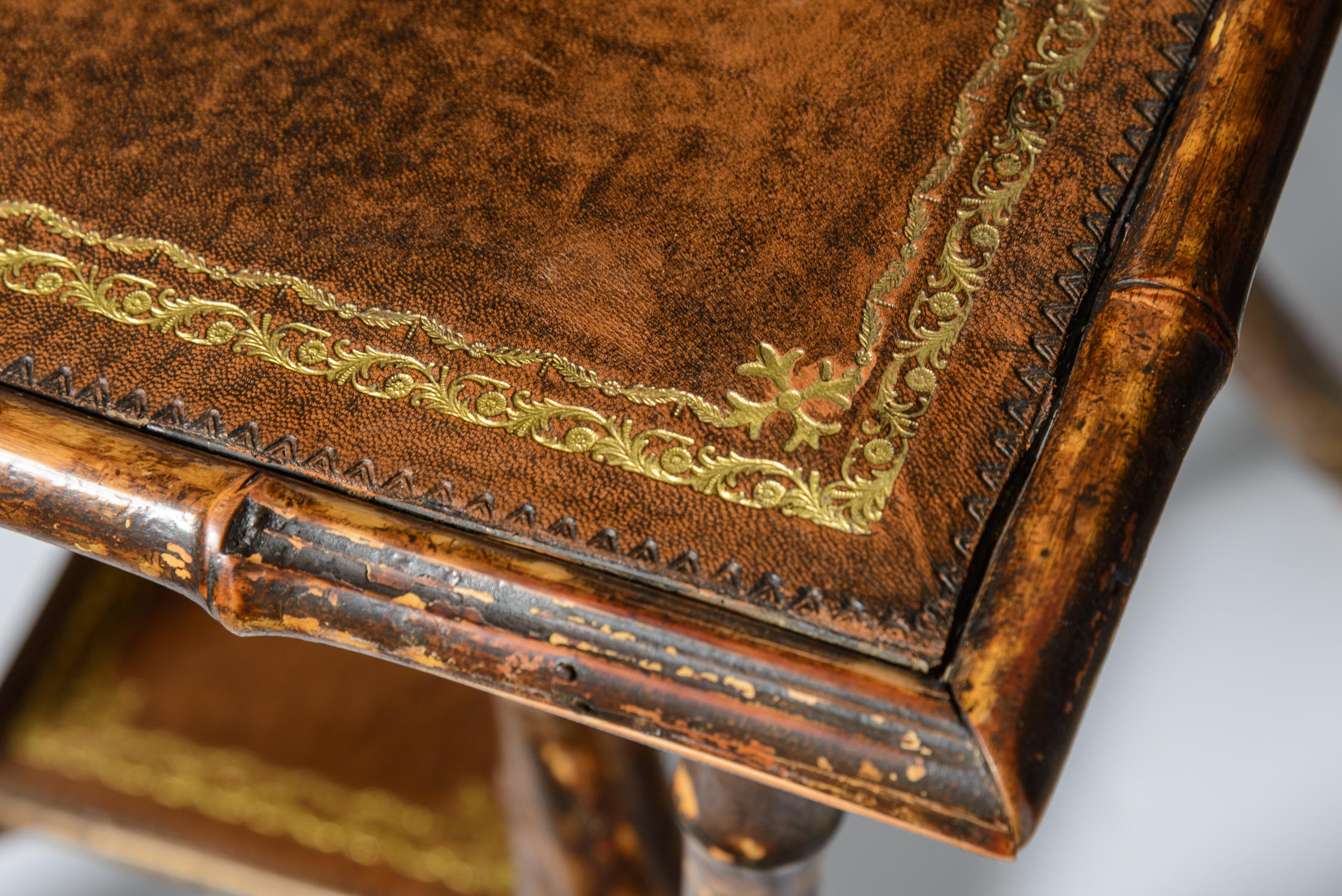 English Bamboo Embossed  Tooled Leather Top Side Table, 19th C. 7