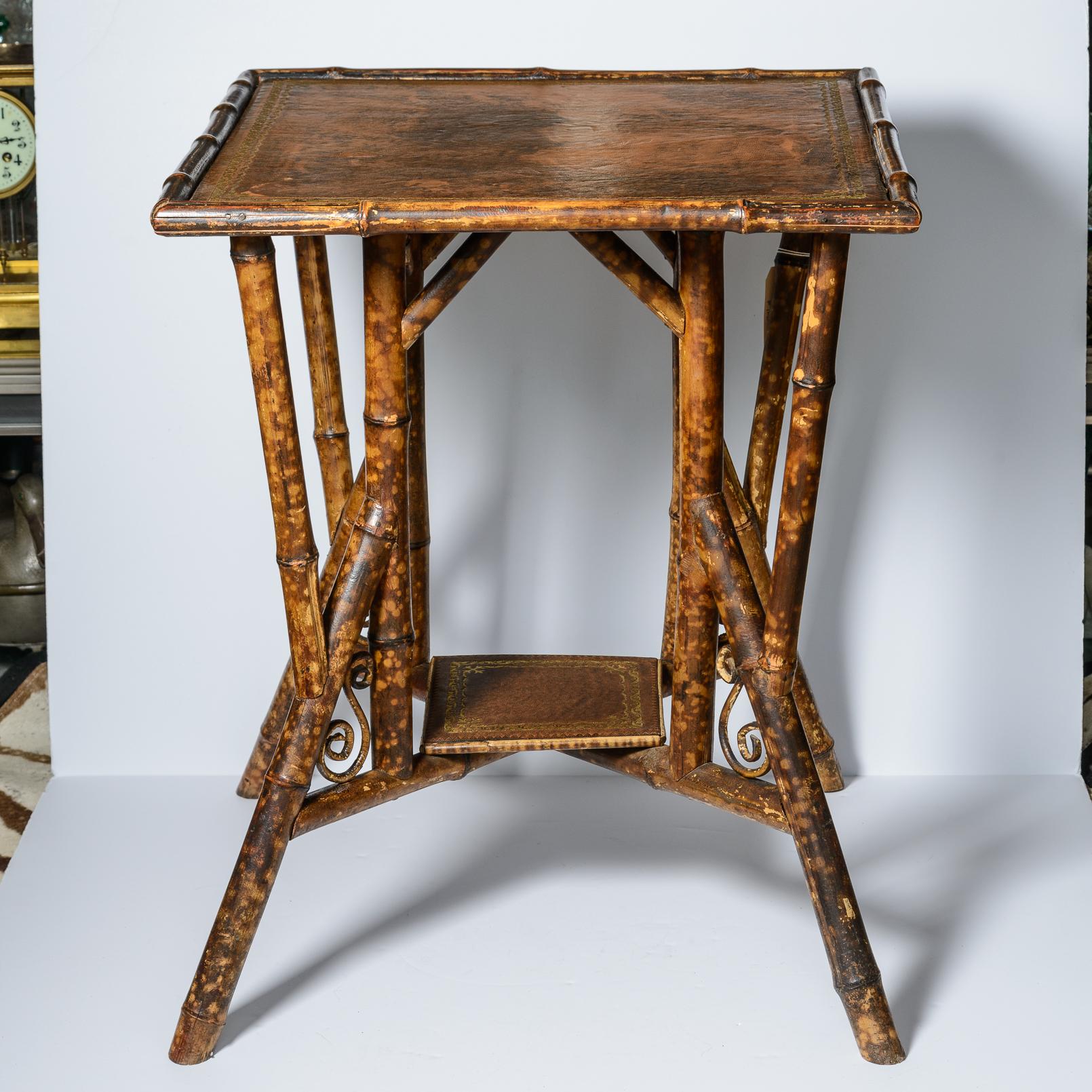 Hand-Crafted English Bamboo Embossed  Tooled Leather Top Side Table, 19th C.