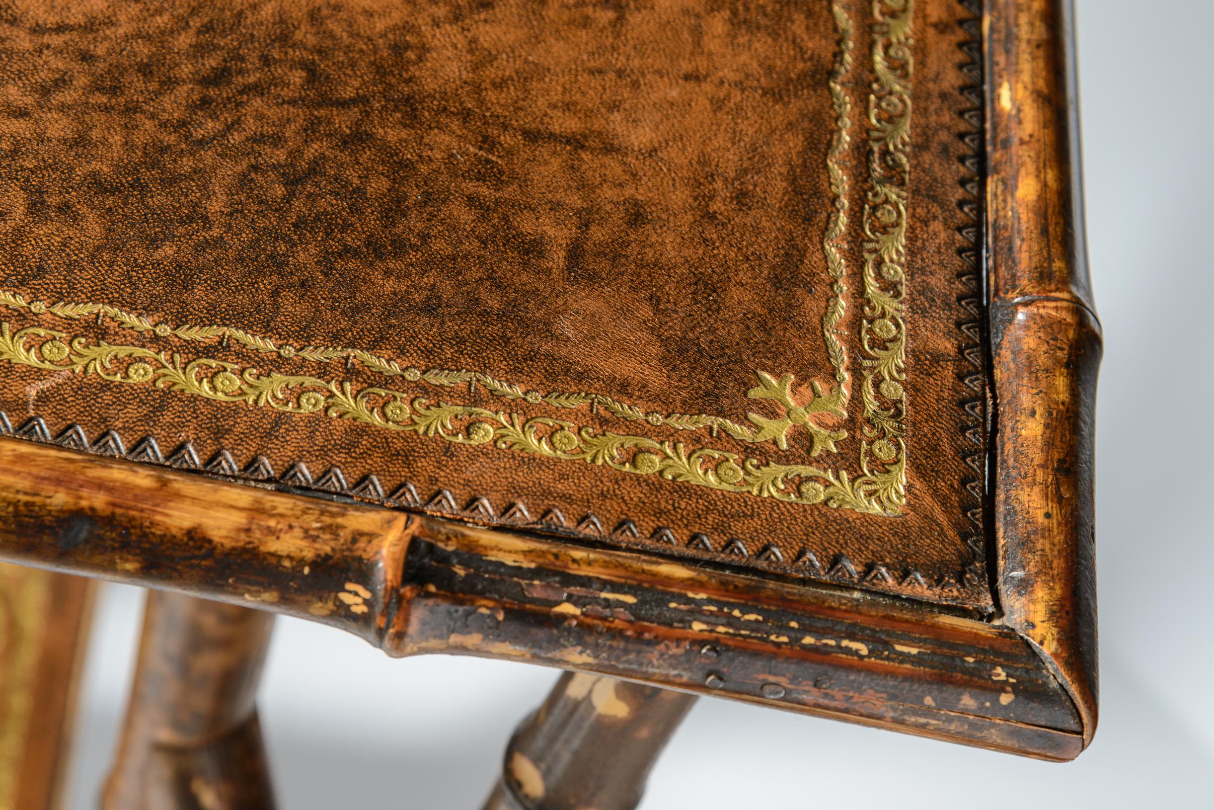English Bamboo Embossed  Tooled Leather Top Side Table, 19th C. In Good Condition In West Palm Beach, FL
