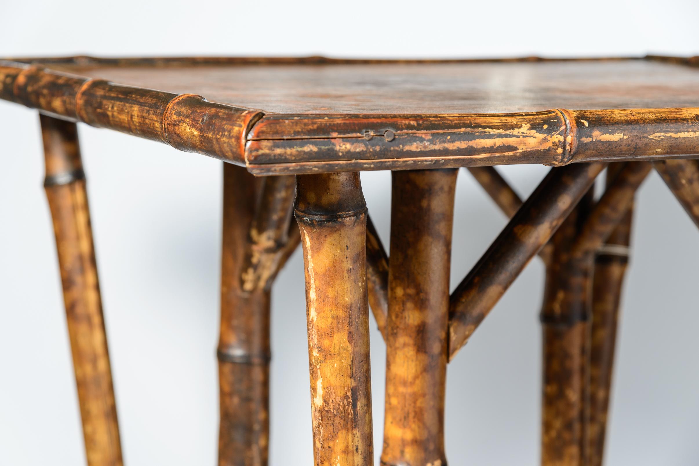 19th Century English Bamboo Embossed  Tooled Leather Top Side Table, 19th C.