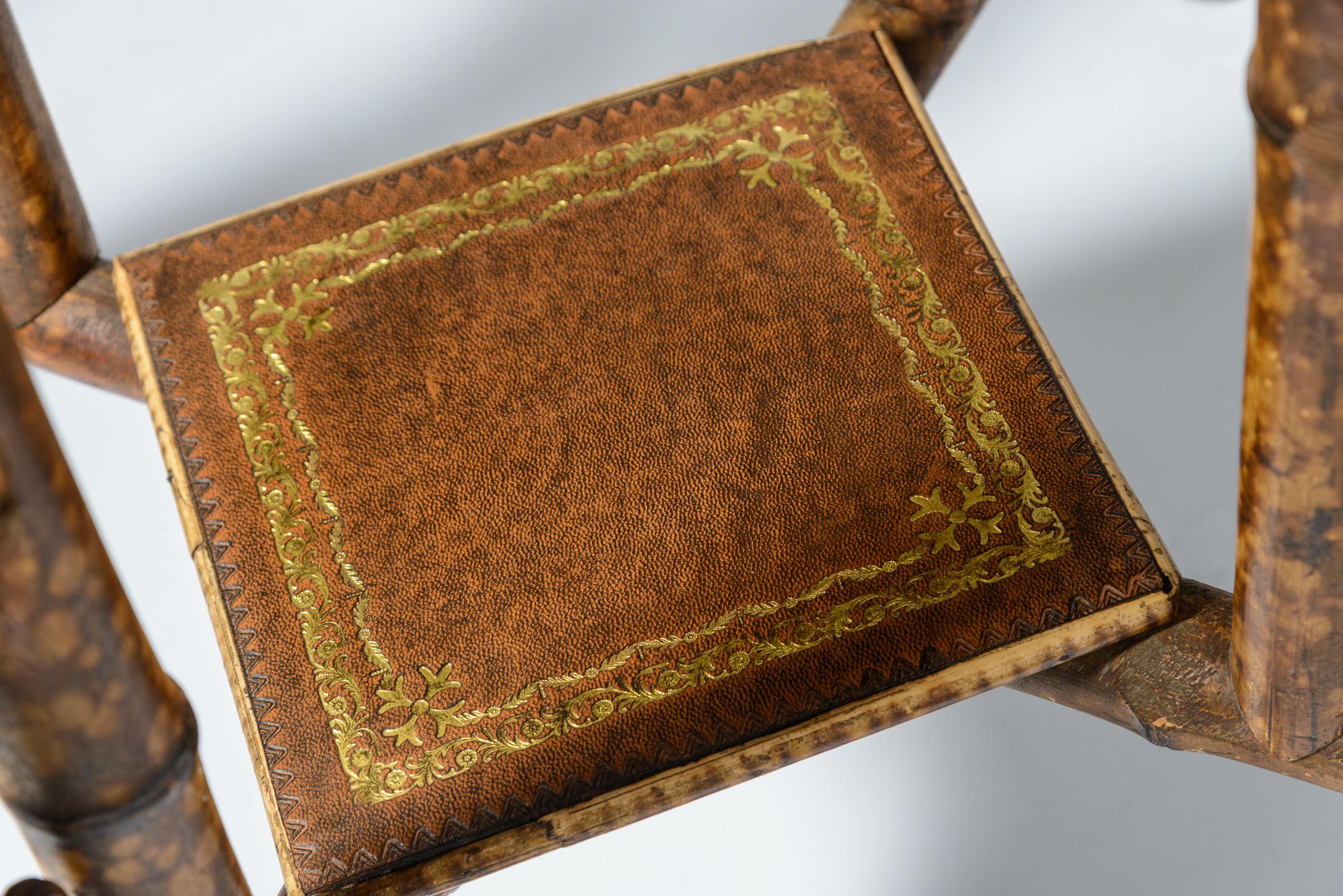 English Bamboo Embossed  Tooled Leather Top Side Table, 19th C. 1