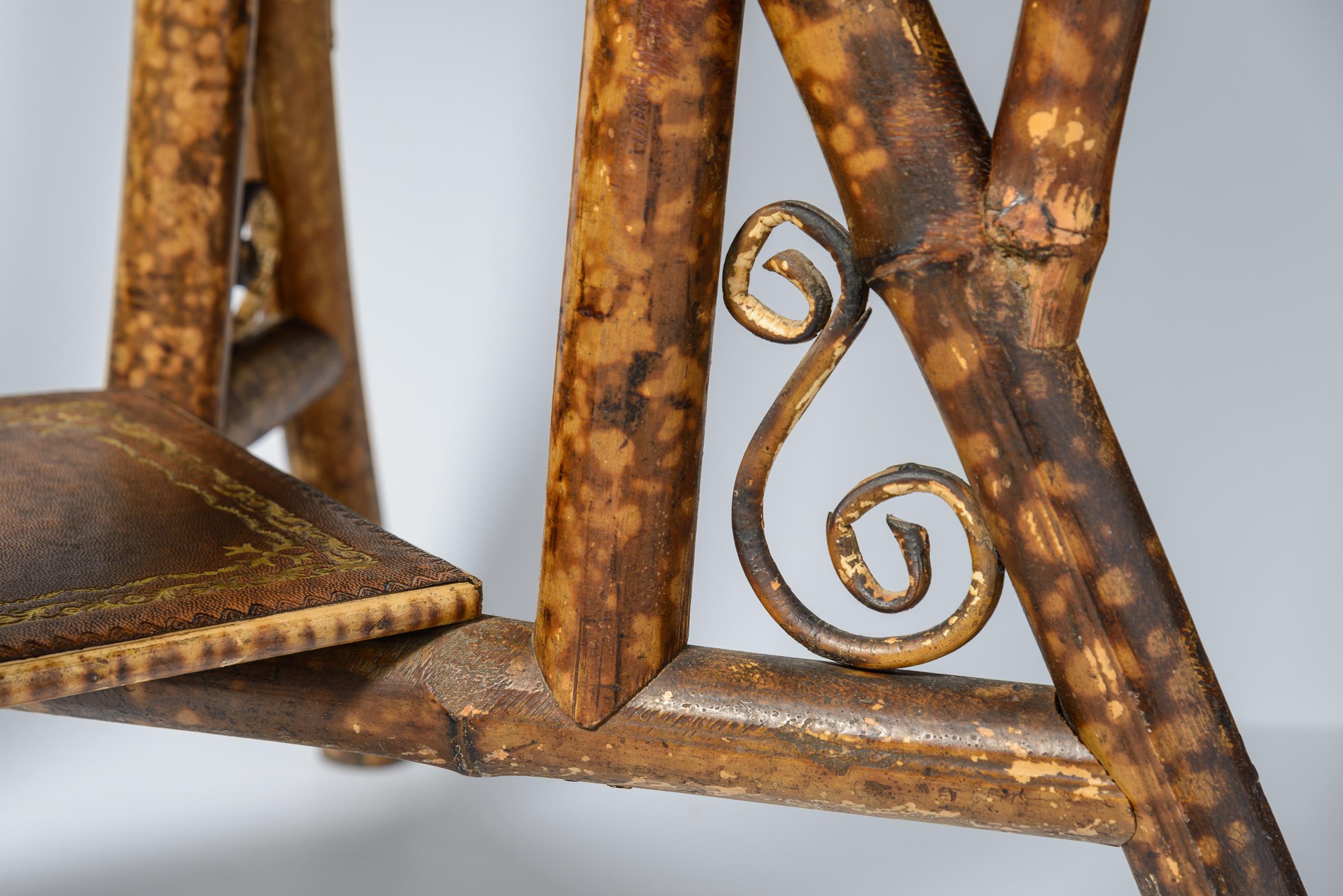 English Bamboo Embossed  Tooled Leather Top Side Table, 19th C. 2