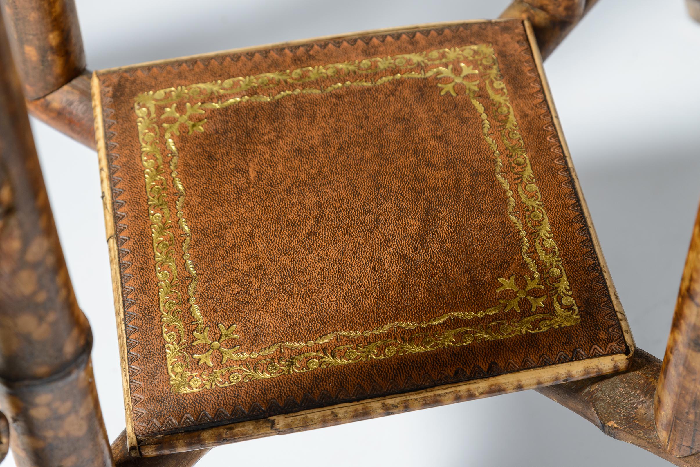 English Bamboo Embossed  Tooled Leather Top Side Table, 19th C. 3