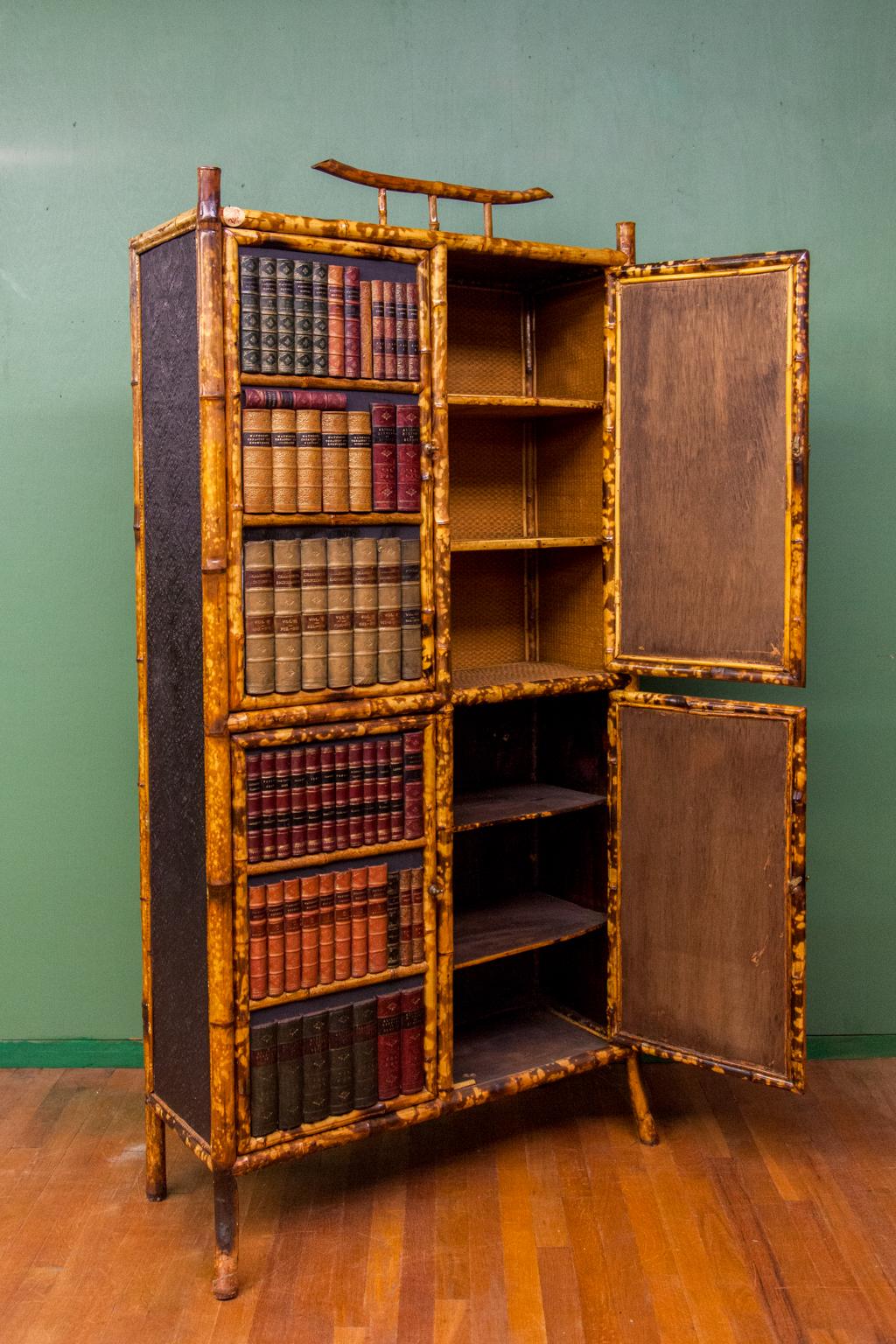English Bamboo Leather Books Cabinet In Good Condition In Wilson, NC
