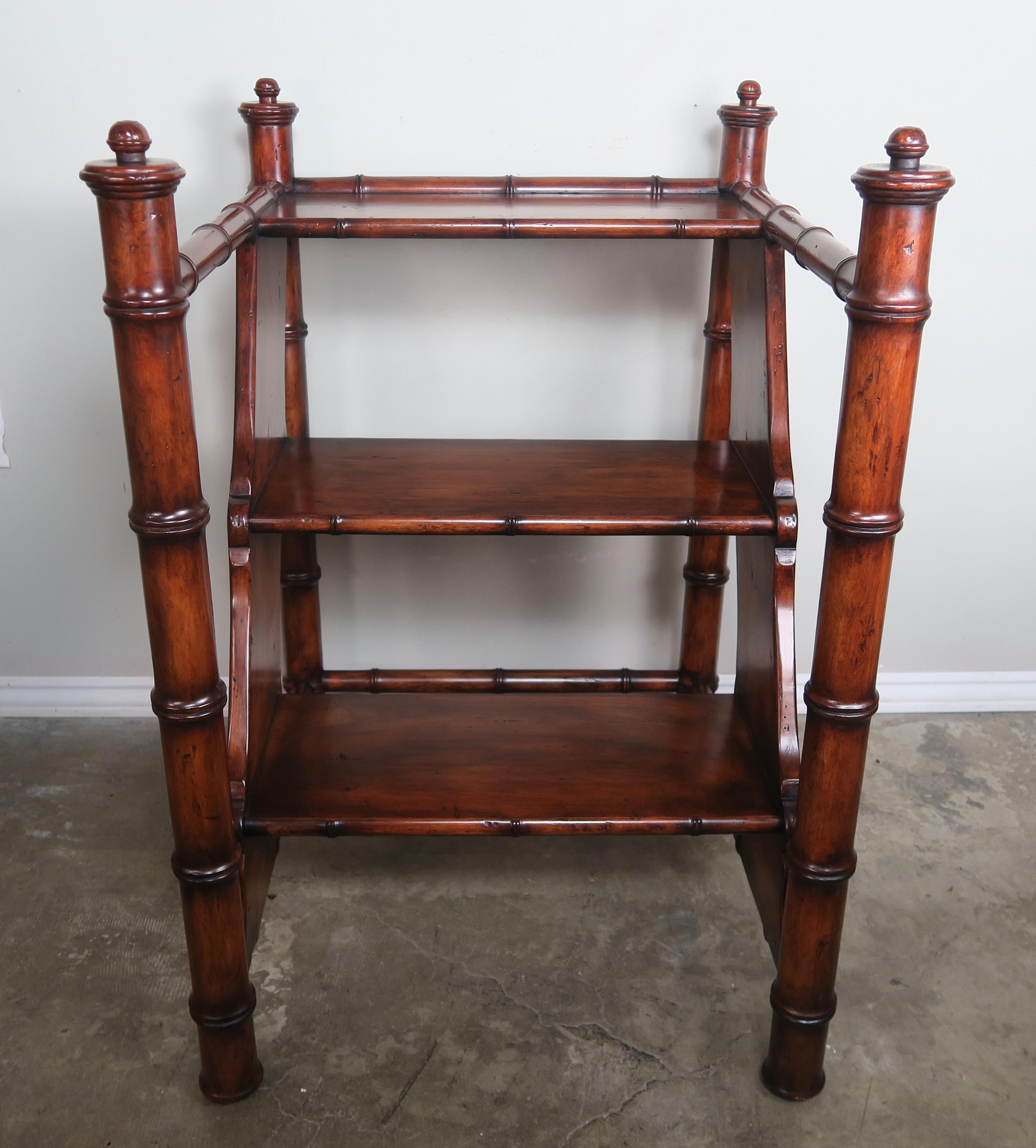 English bamboo motif carved wood library step ladder made from mahogany wood. Beautiful patina.