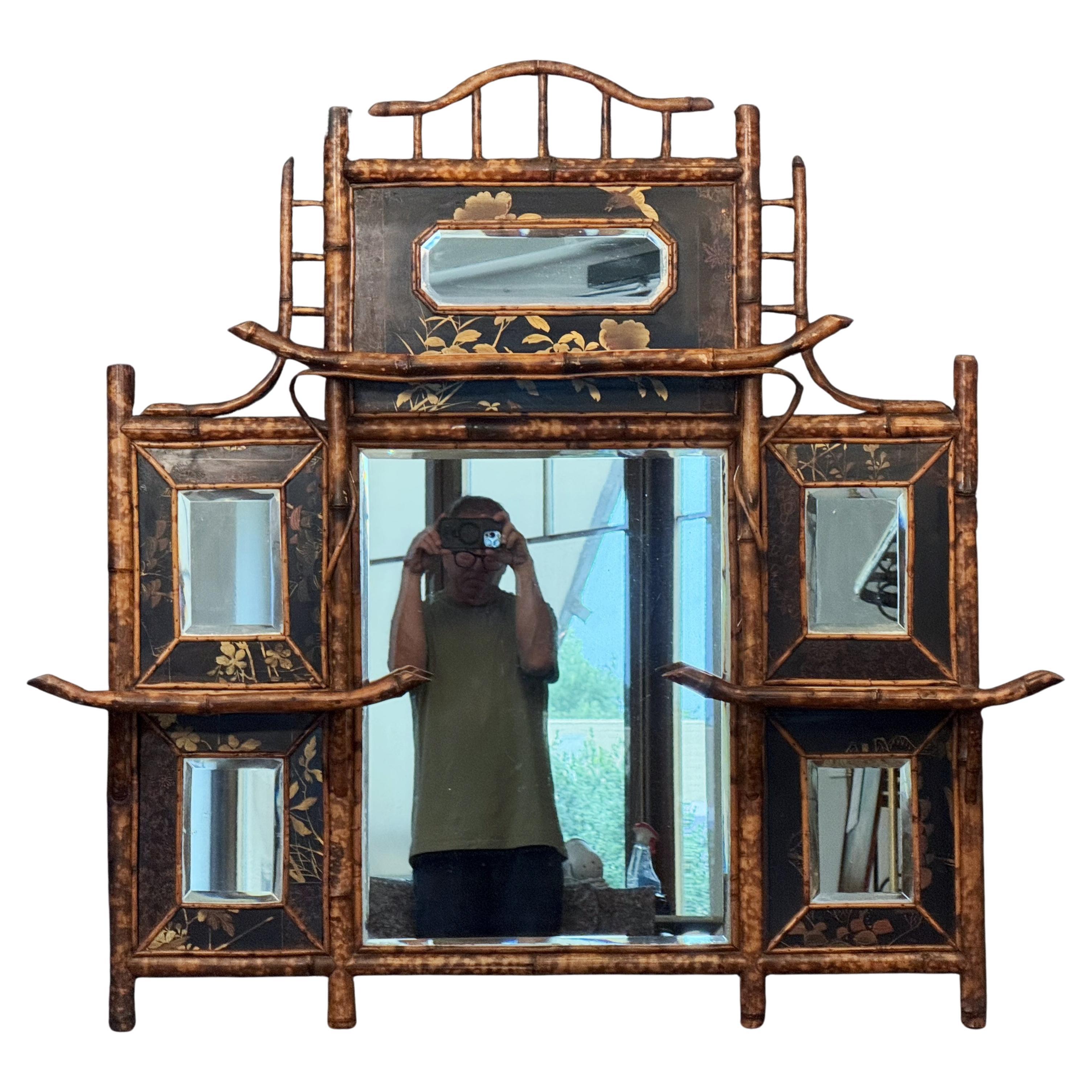 Beveled English Bamboo Over Mantle or Wall Mirror - Aesthetic Movement (H 46 x W 48) For Sale