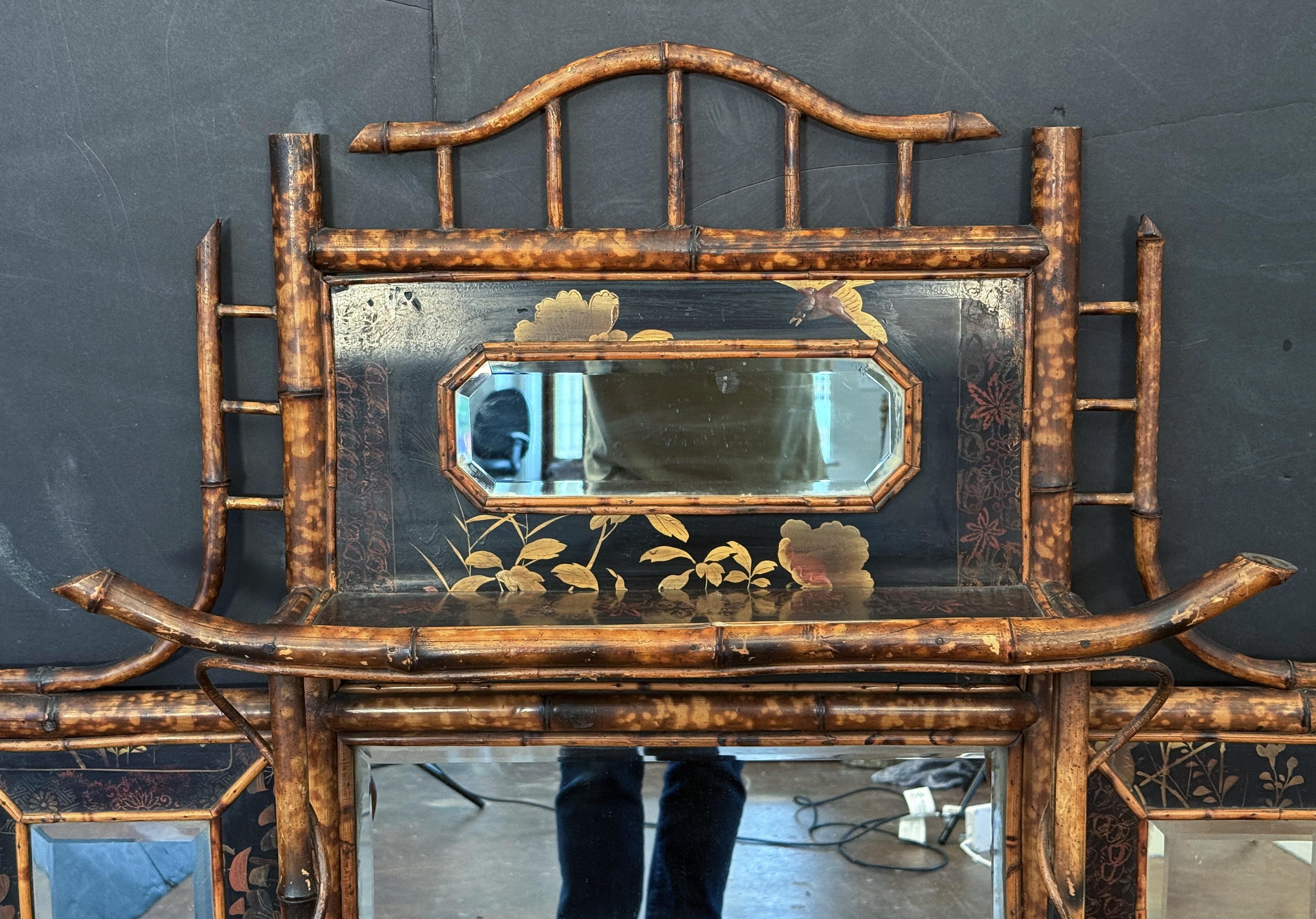 English Bamboo Over Mantle or Wall Mirror - Aesthetic Movement (H 46 x W 48) In Good Condition For Sale In Austin, TX