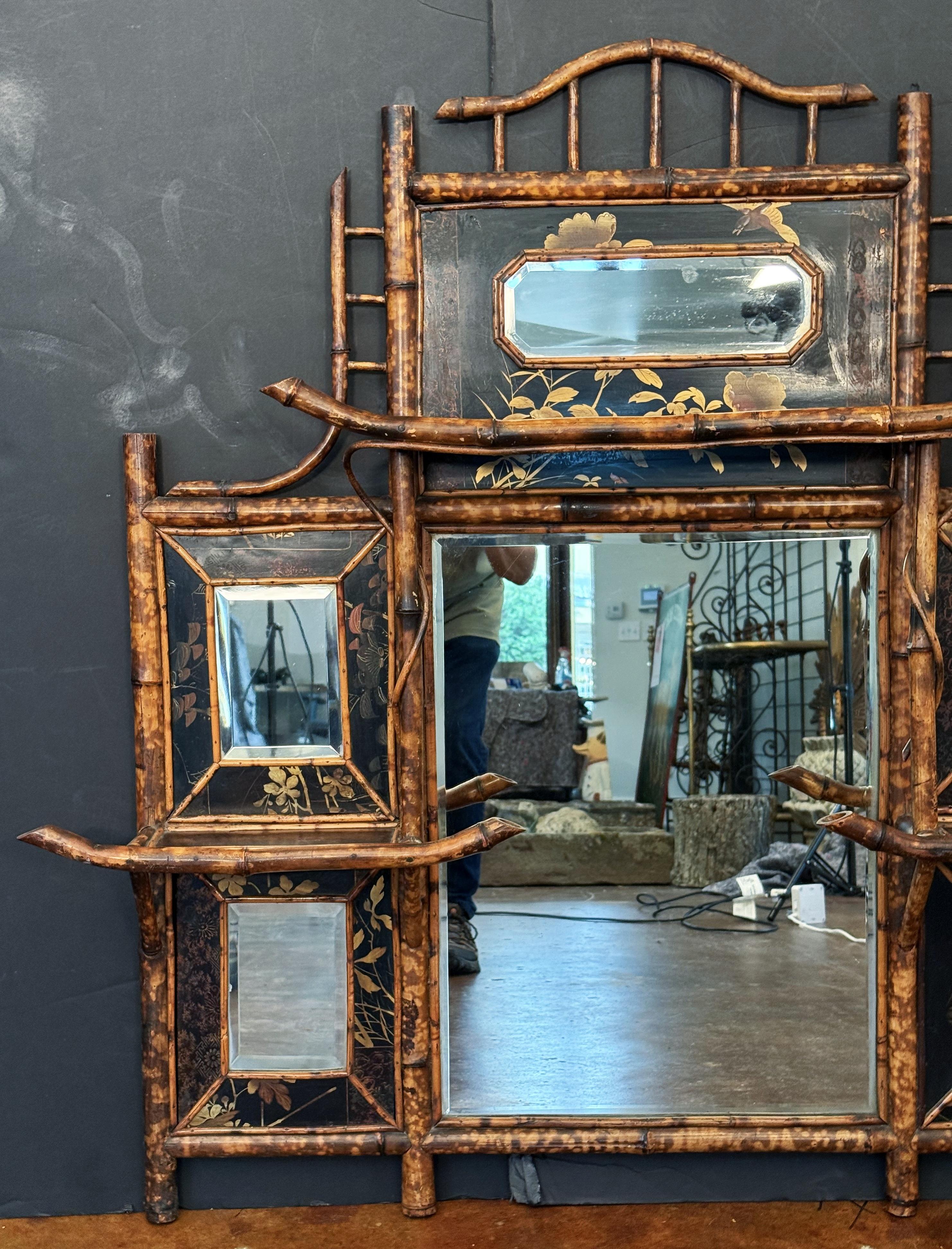English Bamboo Over Mantle or Wall Mirror - Aesthetic Movement (H 46 x W 48) For Sale 1