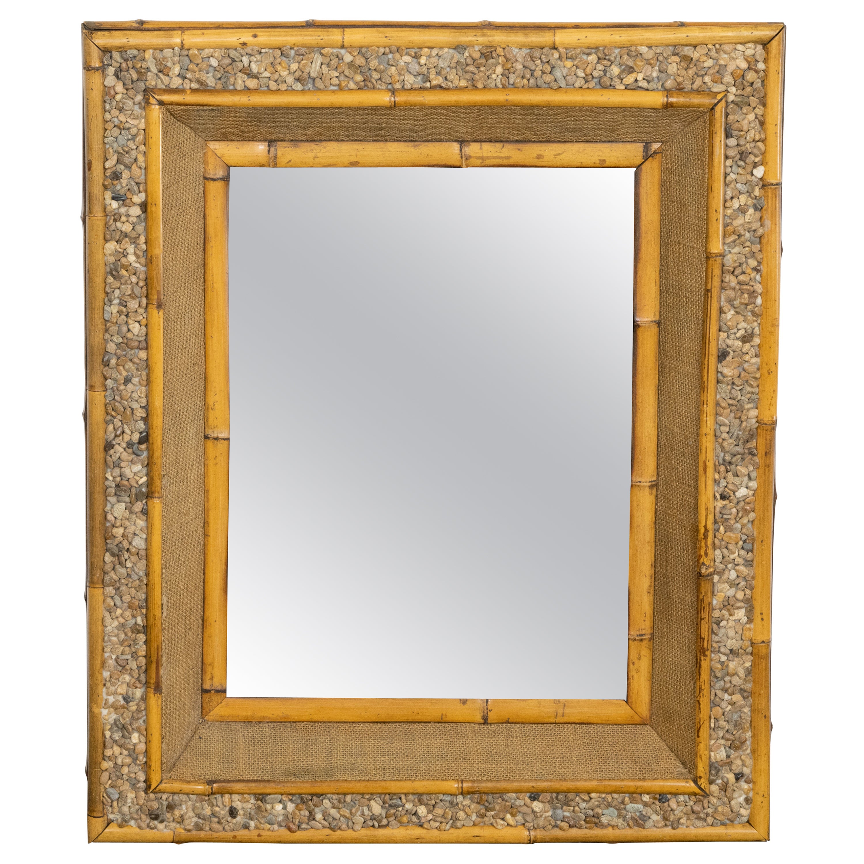 Miroir rectangulaire anglais en bambou, roches et toile de jute de la période du milieu du siècle dernier en vente