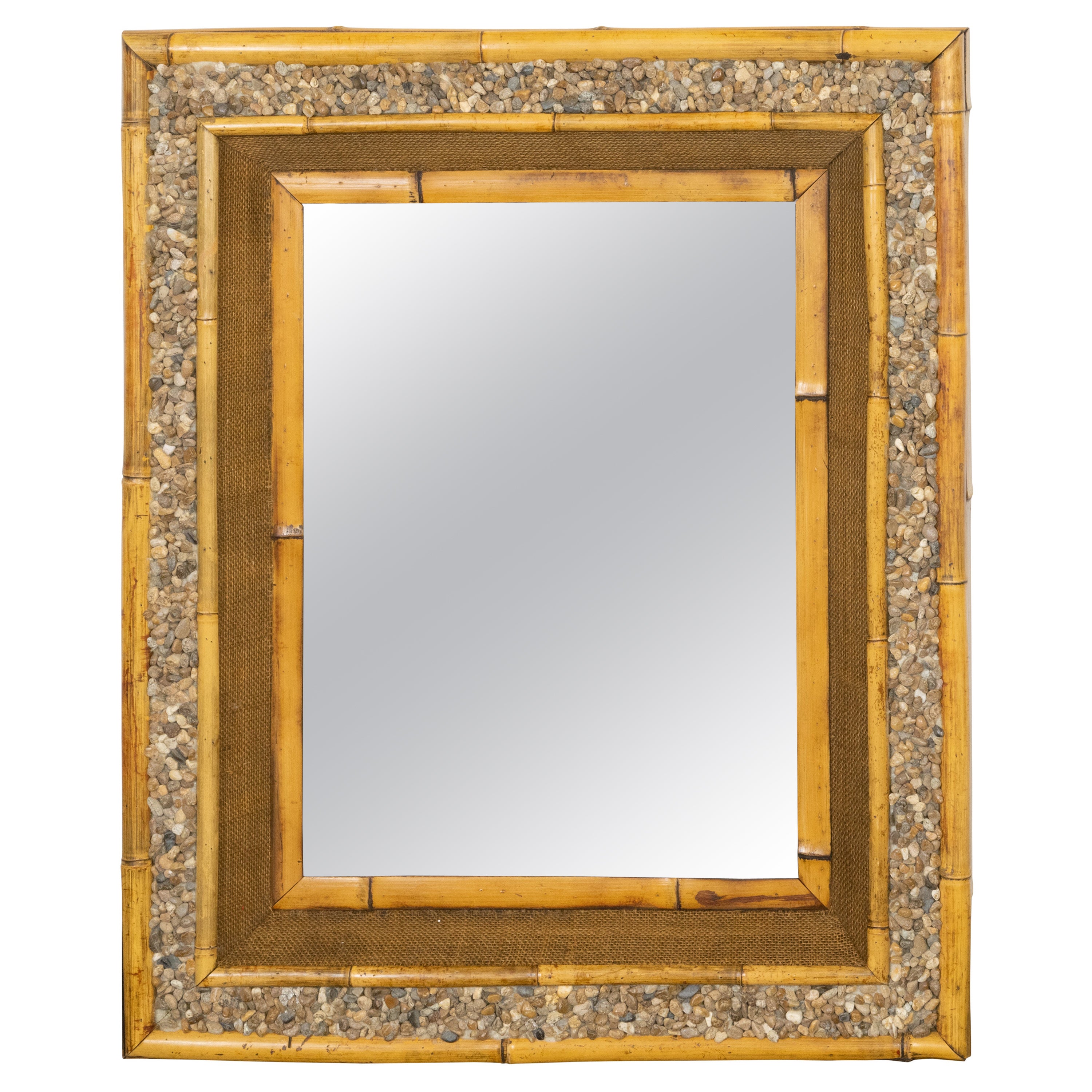 Miroir rectangulaire anglais en bambou, roches et toile de jute de la période du milieu du siècle dernier