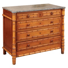 English Bamboo Style Grey Marble Top Pine Chest, Late 19th Century