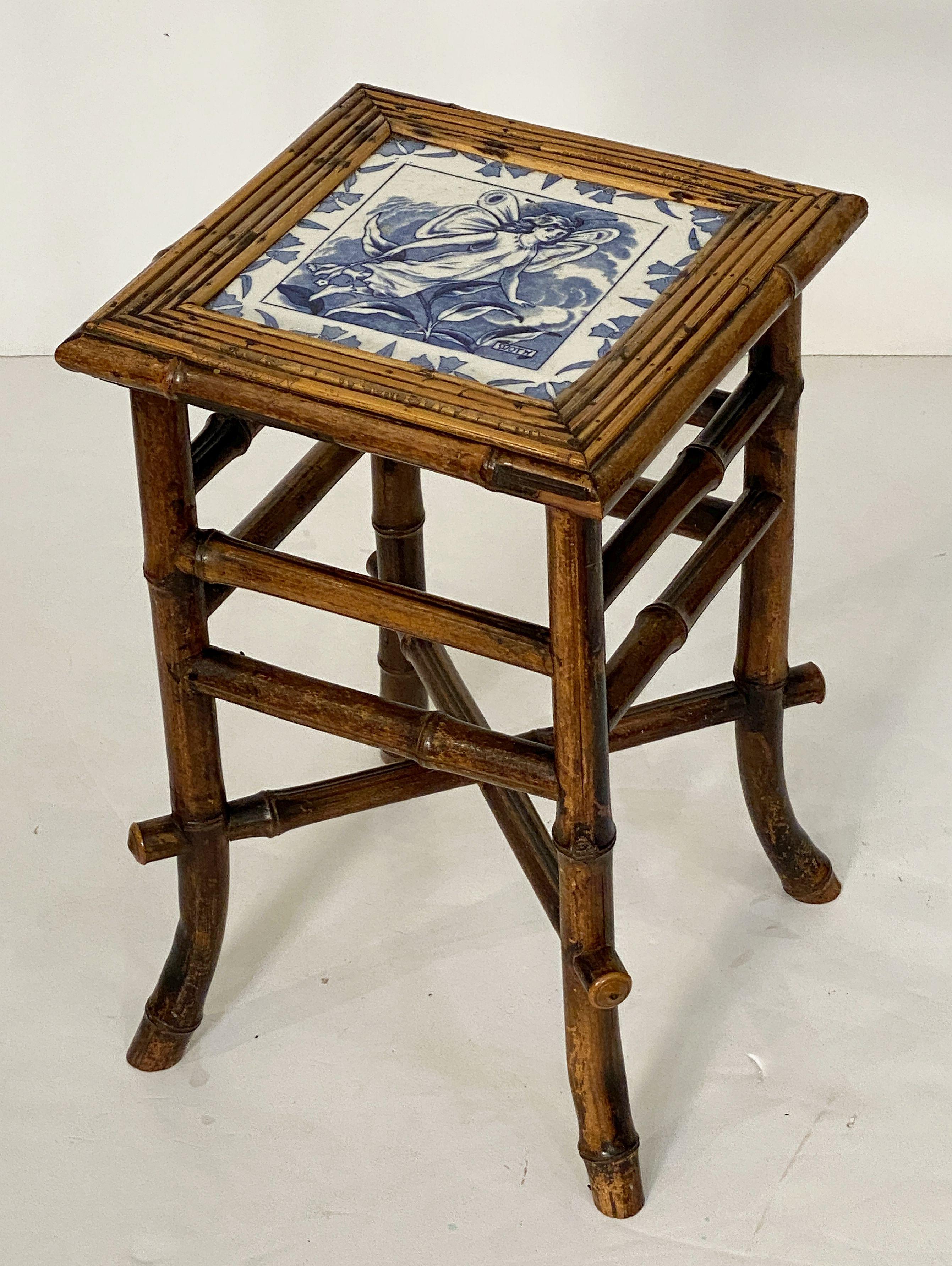 Patinated English Bamboo Table or Stool with Tile Seat from the Aesthetic Movement Era For Sale