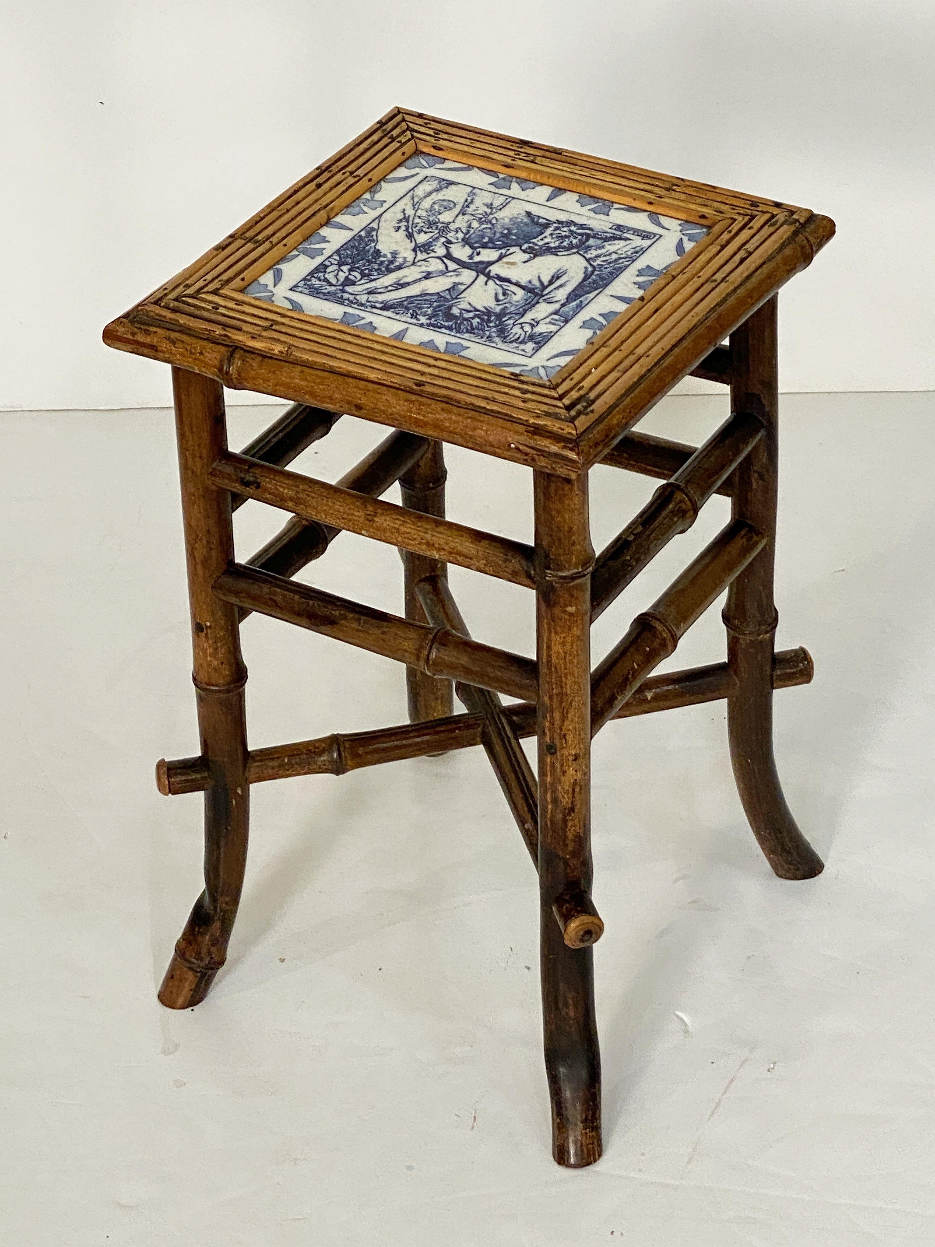 19th Century English Bamboo Table or Stool with Tile Seat from the Aesthetic Movement Era For Sale