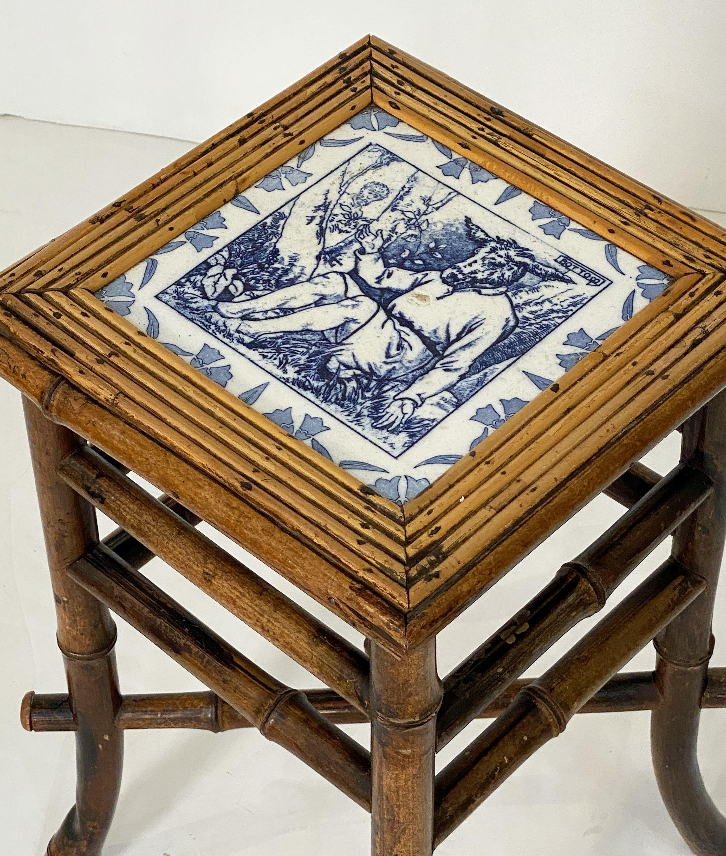 Ceramic English Bamboo Table or Stool with Tile Seat from the Aesthetic Movement Era For Sale